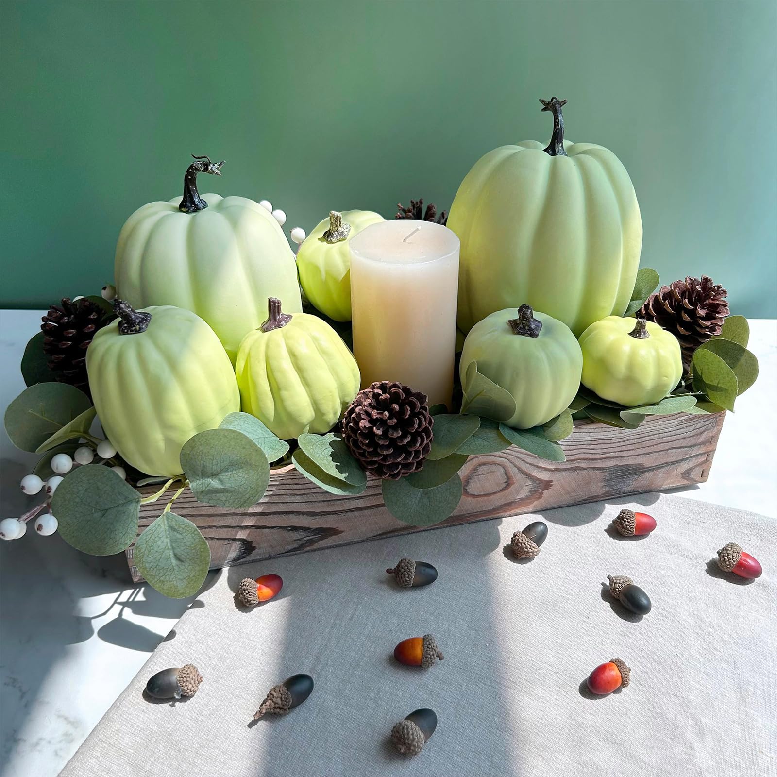 Winlyn 7 Pcs Assorted Light Green Artificial Harvest Pumpkins Decorative Foam Pumpkins for Thanksgiving Halloween Fall Wedding T