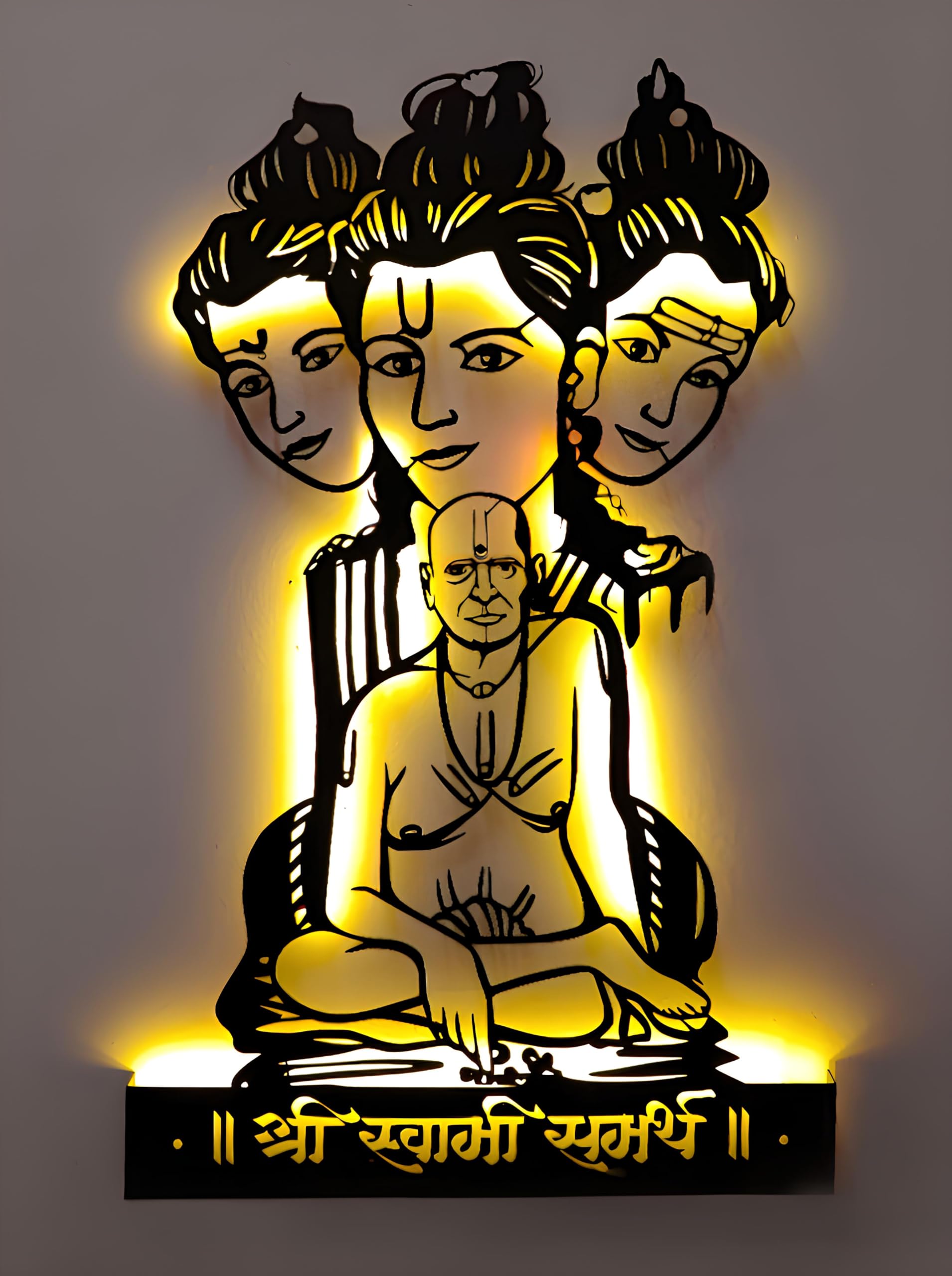 Nextstep1 Shri Swami Samarth Metal Wall Art With Light - Wall Hanging (15X25 Inch) | Black Matte Finish | Decorative Wall Art Fo