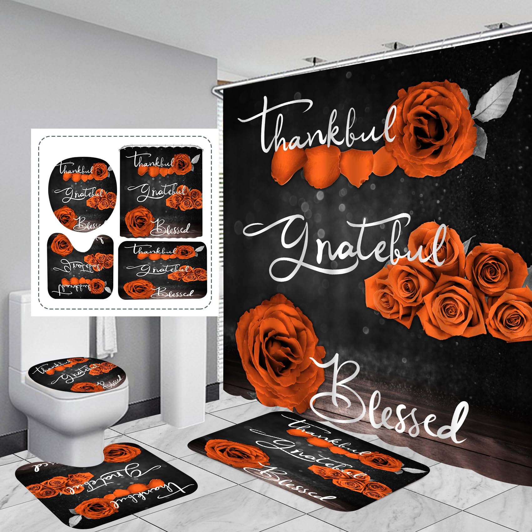 4Pcs Orange Rose Shower Curtain Sets, Thankful Grateful Blessed Bathroom Curtain With Non-Slip Rug, Toliet Lid Cover, Bath Mat A