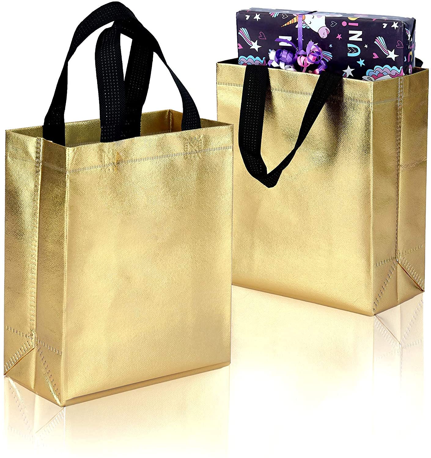 Drapme Small Size Pack Of 20 Pcs Glossy Metallic Laminated Non-Woven Reusable Eco-Friendly Party Return Gift Bags (Golden) (Smal