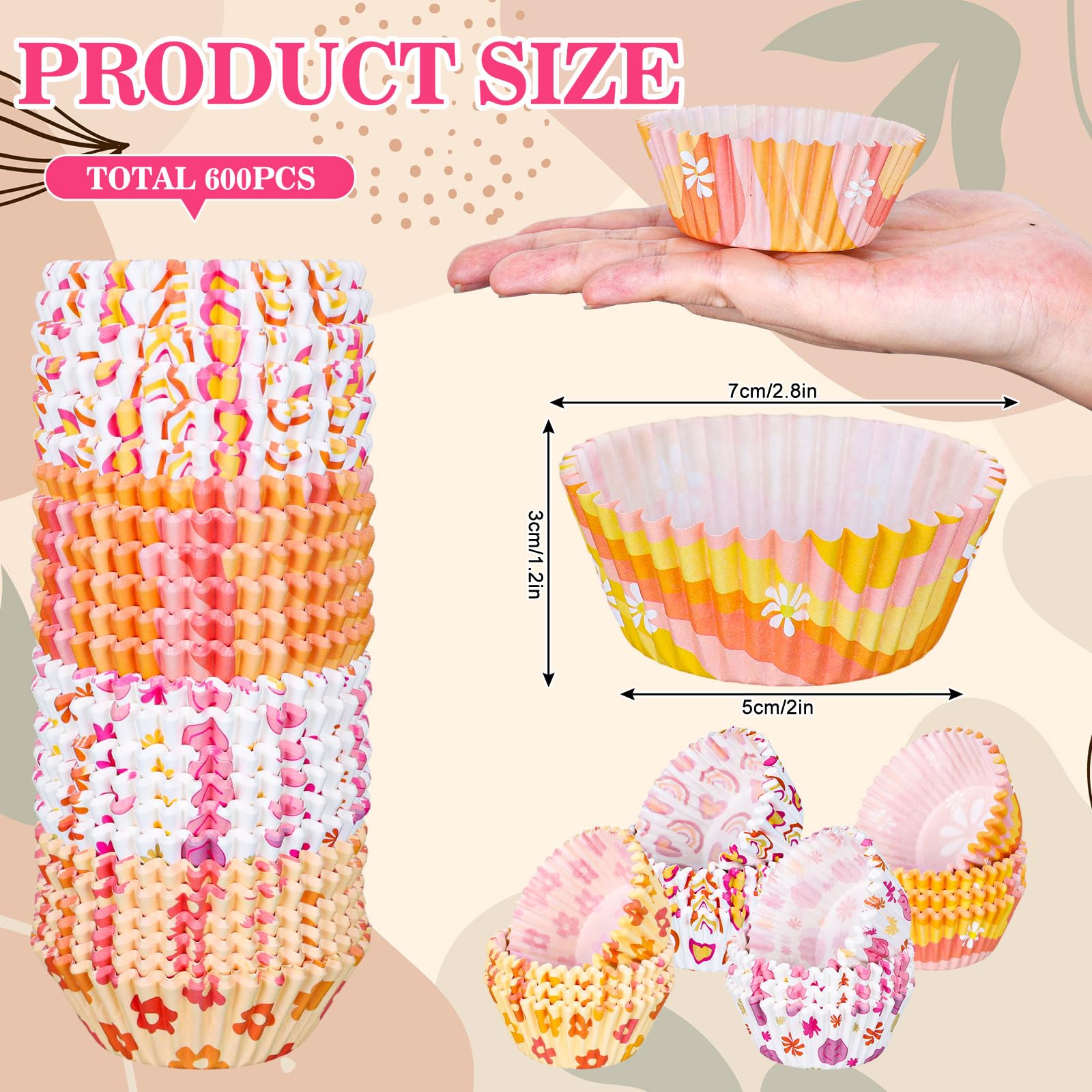 Whaline 600Pcs Boho Cupcake Liners Retro Groovy Party Cupcake Wrappers Rainbow Daisy Flower Paper Baking Cups Baking Liners For