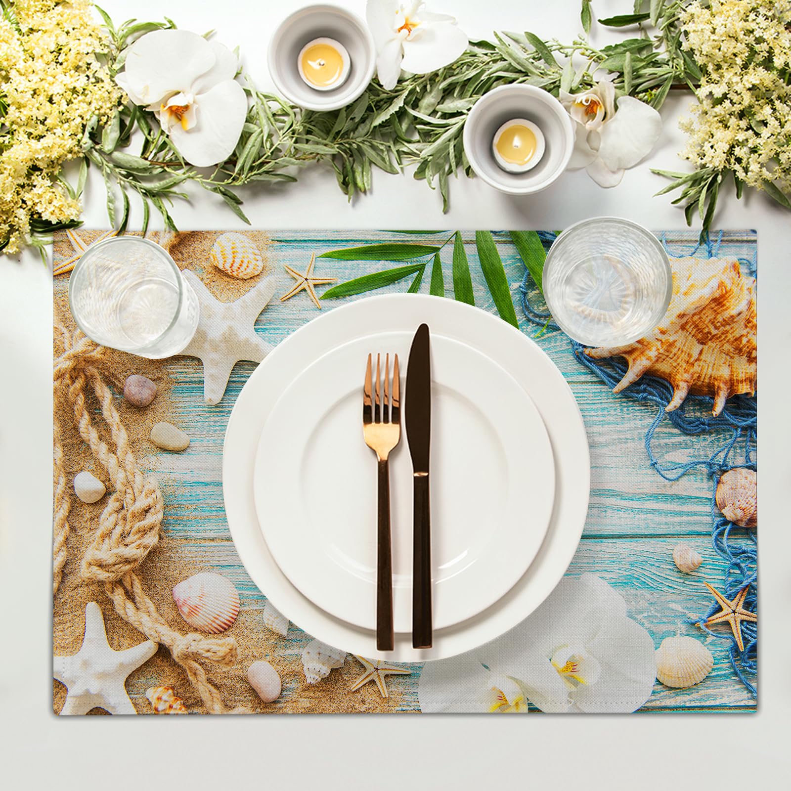 Beach Placemats Set Of 4 For Dining Table Nautical Coastal Starfish Place Mats Summer Washable Table Mats Kitchen Decor Cloth Pl