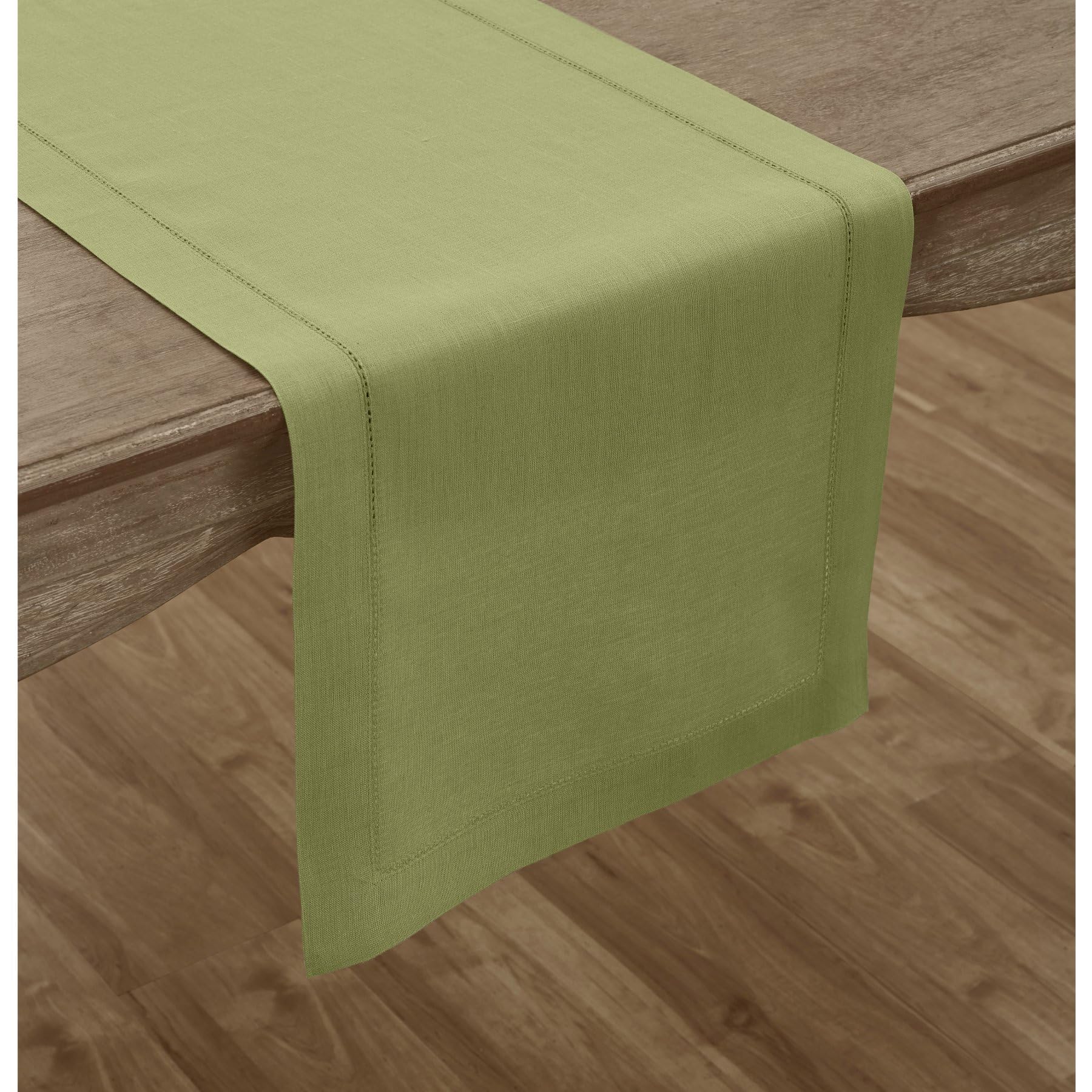 Solino Home Linen Moss Green Table Runner 48 Inch - 100% Pure Linen Classic Hemstitch Short Table Runner 14 X 48 Inch Ideal For