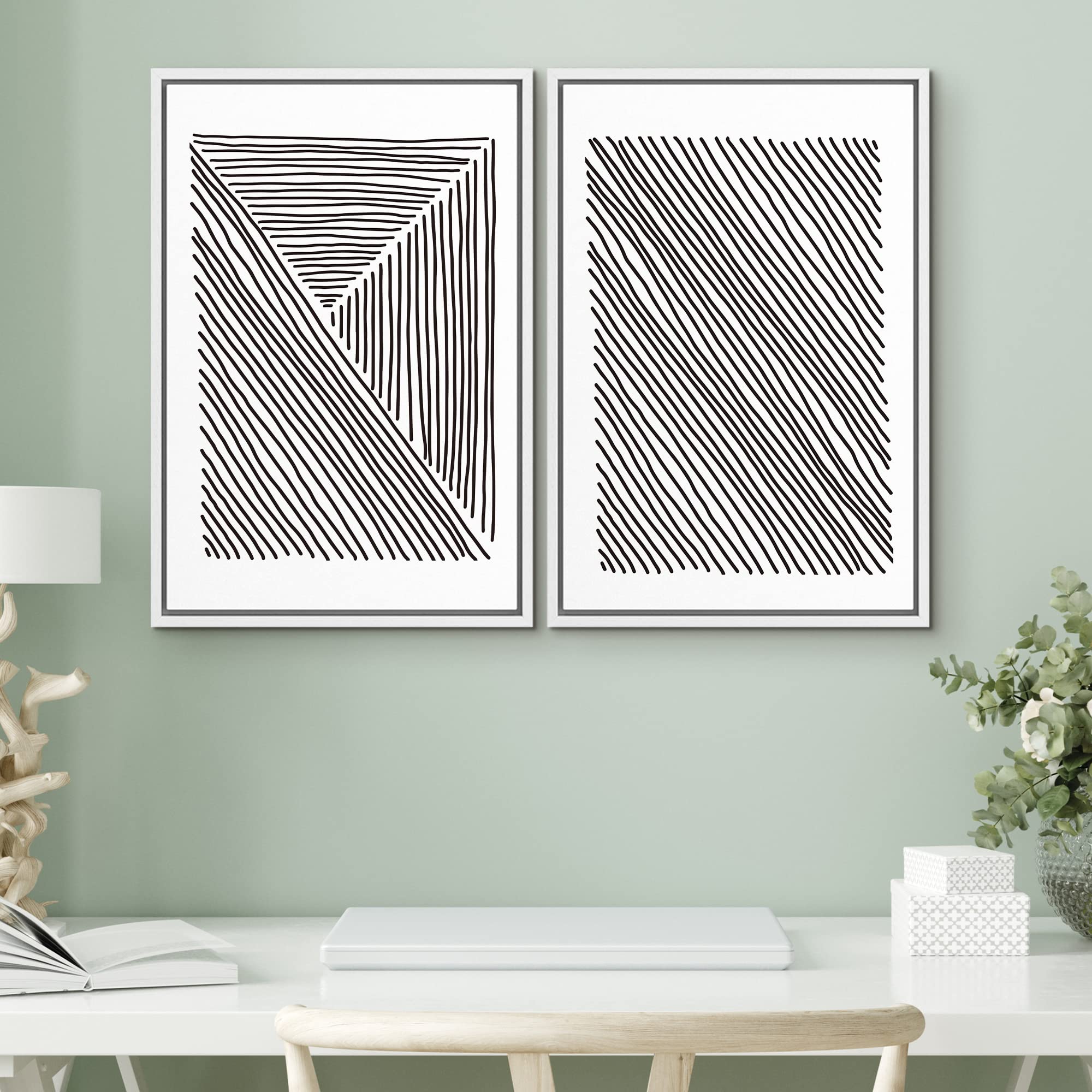 Signwin Framed Canvas Print Wall Art Set Black White Geometric Line Collage Abstract Shapes Illustrations Modern Art Decorative
