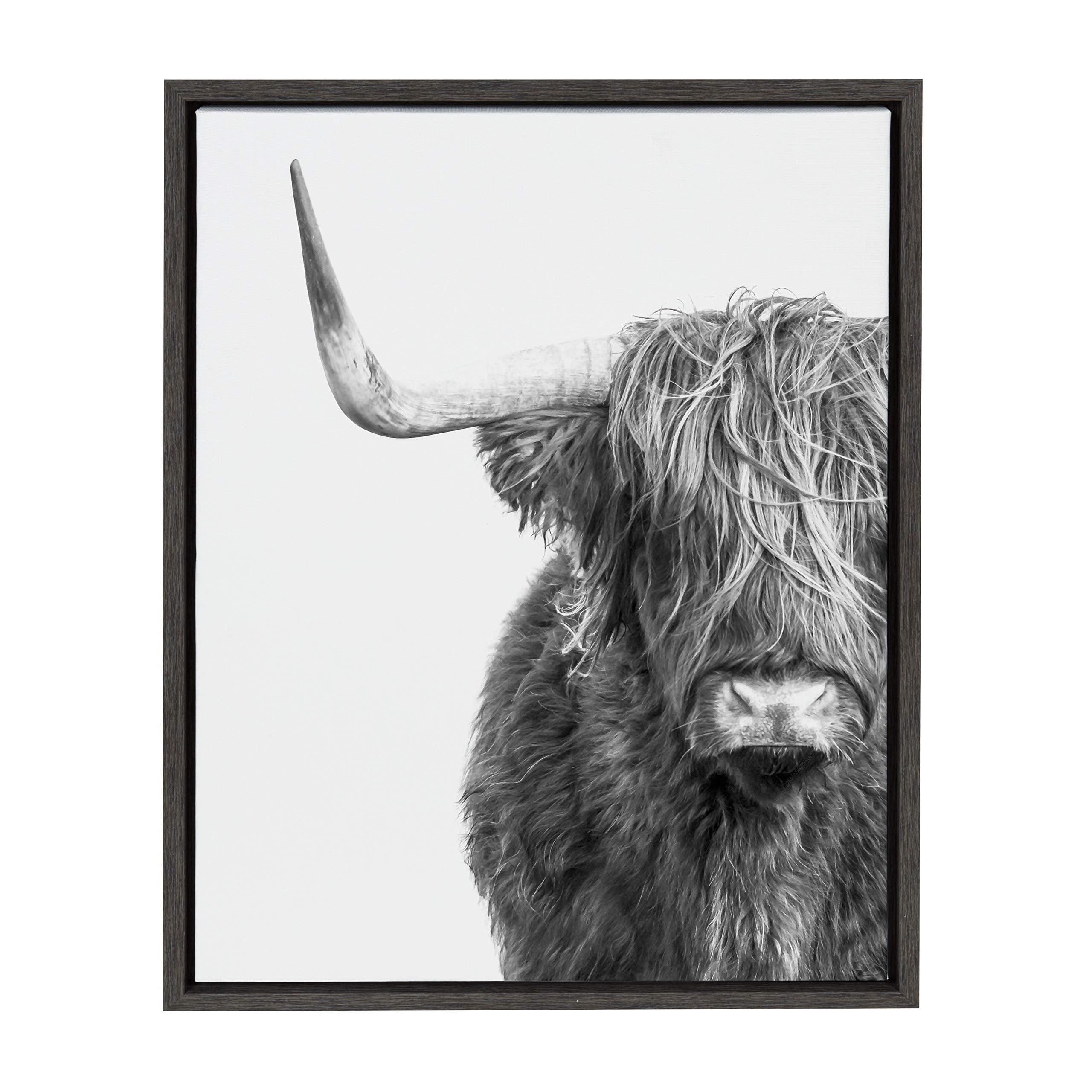 Kate And Laurel Sylvie Highland Cow Black And White Portrait Framed Canvas By Amy Peterson, 18X24 Gray, Adorable Wall Decor For