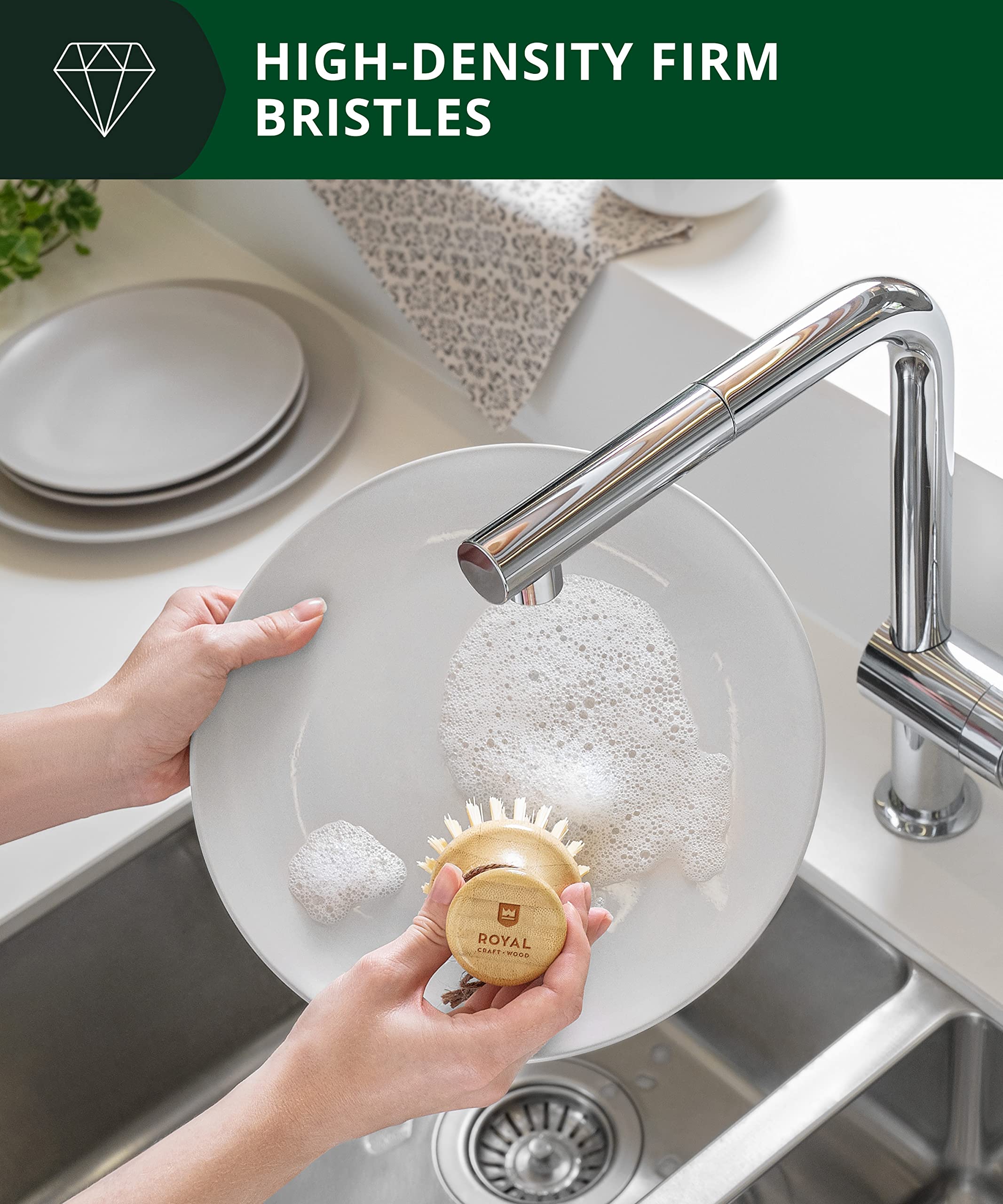 Royal Craft Wood Bamboo Dish Scrub Brush W/Handle - Wooden Washing Dish Brush Scrubber For Kitchen - Filrm Bristles Brush With H
