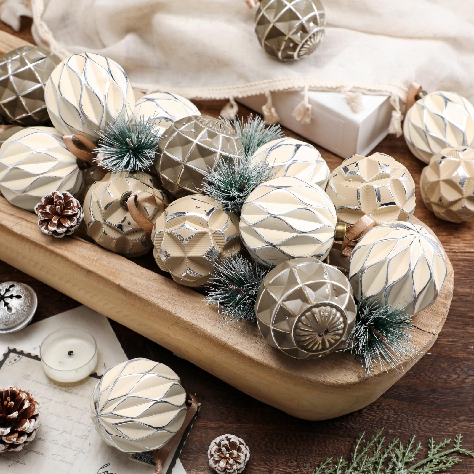 Syhood 24 Pcs Neutral Textured Christmas Ball Ornaments 2.4 Inch Vintage Boho Cream Beige Brown Xmas Bulbs Rustic Distressed Xma