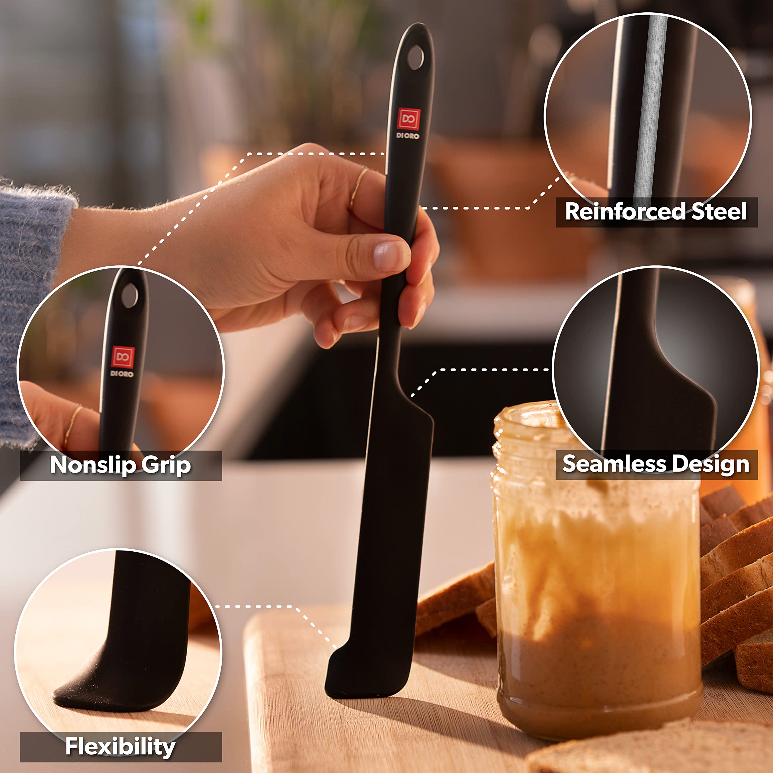 Di Oro Silicone Jar Spatulas For Scraping - Rubber Spatulas Silicone Heat Resistant - Kitchen Spatulas Nonstick Cookware Safe -