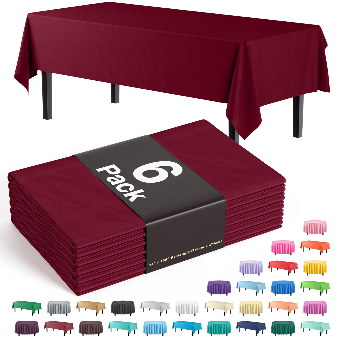 Exquisite 6-Pack Premium Plastic Tablecloth 54In. X 108In. Rectangle Plastic Table Cover - Burgundy