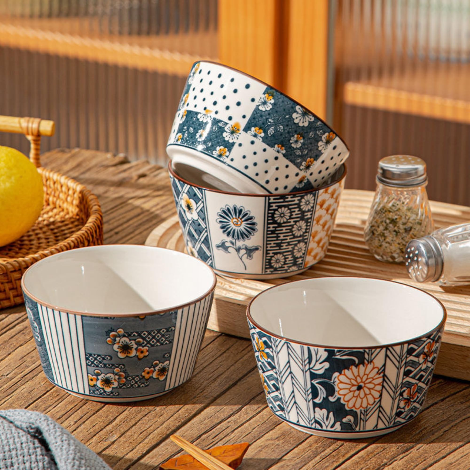 Olwick Japanese Style Ceramic Snack Bowls400Ml, Handcrafted Floral & Geometric Patterns, Set Of 4, (Random)