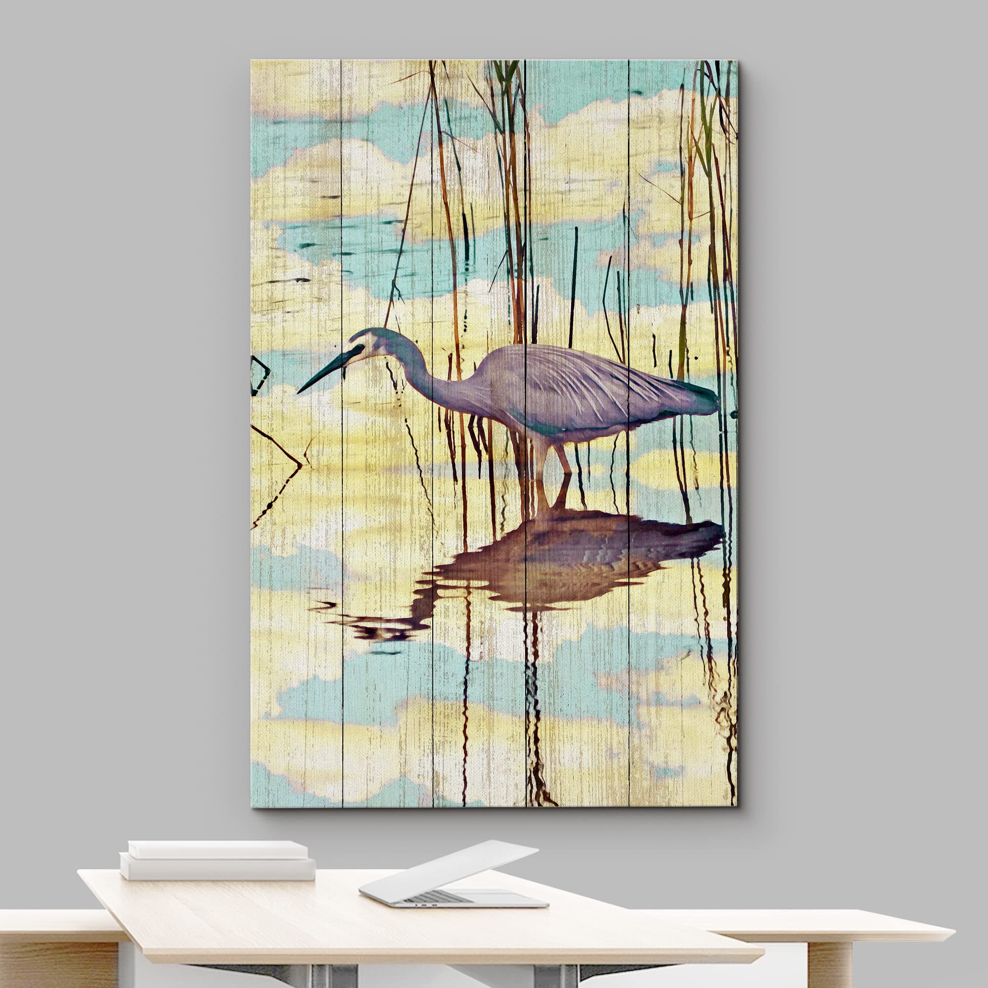 Wall26 Canvas Print Wall Art Pastel Blue Cloud Sky Crane Bird Swamp Nature Wilderness Illustrations Modern Art Decorative Multic