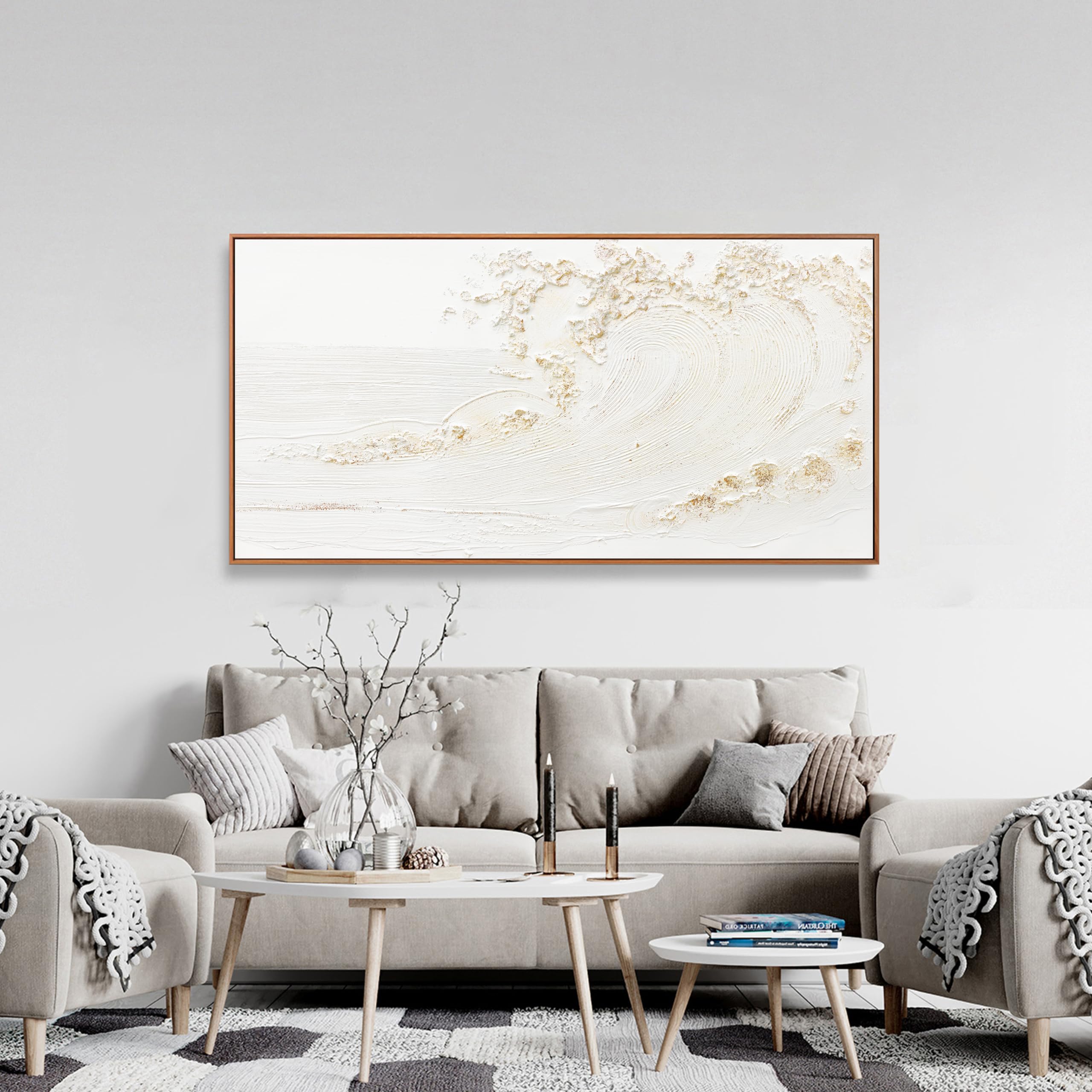 Framed Wall Art Wall Decor Nature Decor Canvas Hand Painted White Wave With Golden Embellishments Artwork Painting Picture For L