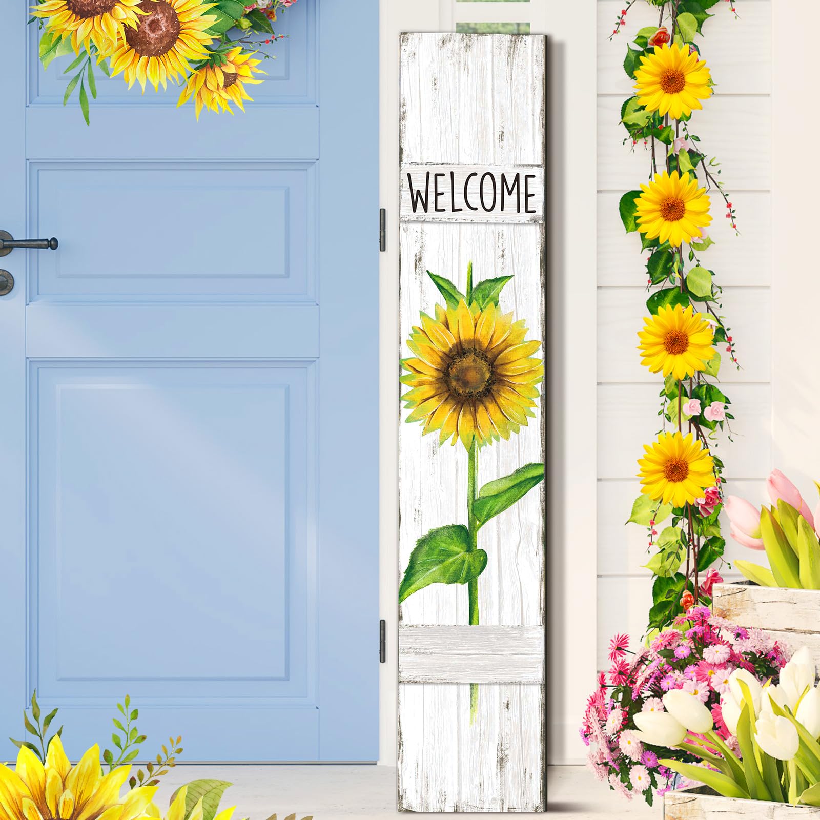 Chitidr Summer Porch Sign Sunflower Wooden Welcome Sign for Front Porch Standing Vertical Porch Sign Rustic Spring Front Porch D
