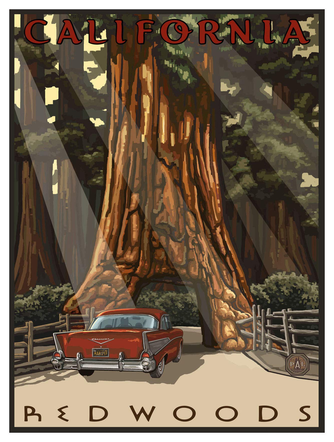 California Redwoods Car Thru Tree Giclee Art Print Poster From Travel Artwork By Artist Paul A. Lanquist 9'' X 12''
