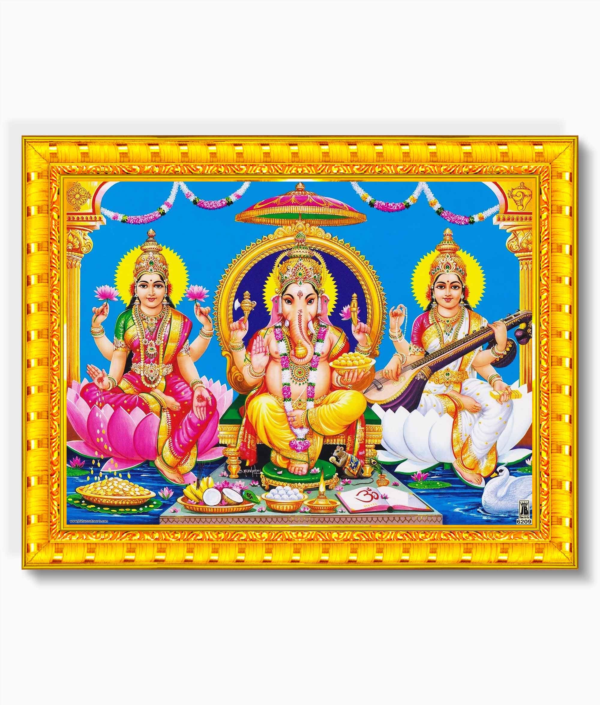 Pavan Photo Laminations Lakshmi Devi Ganesha Saraswati Ganesh Hanging Wall Painting Framed Home Decor (Wood,Matte,Gold,Small Siz
