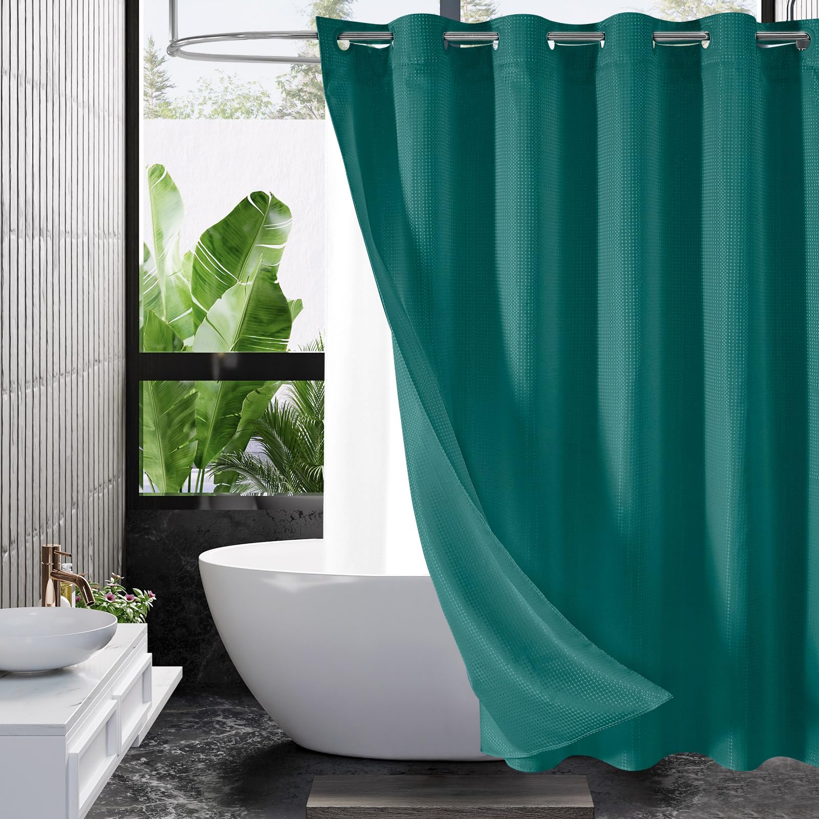 Mitovilla No Hooks Needed Dark Green Waffle Shower Curtain With Snap-In Liner, Modern Waffle Weave Fabric Cloth Shower Curtain F
