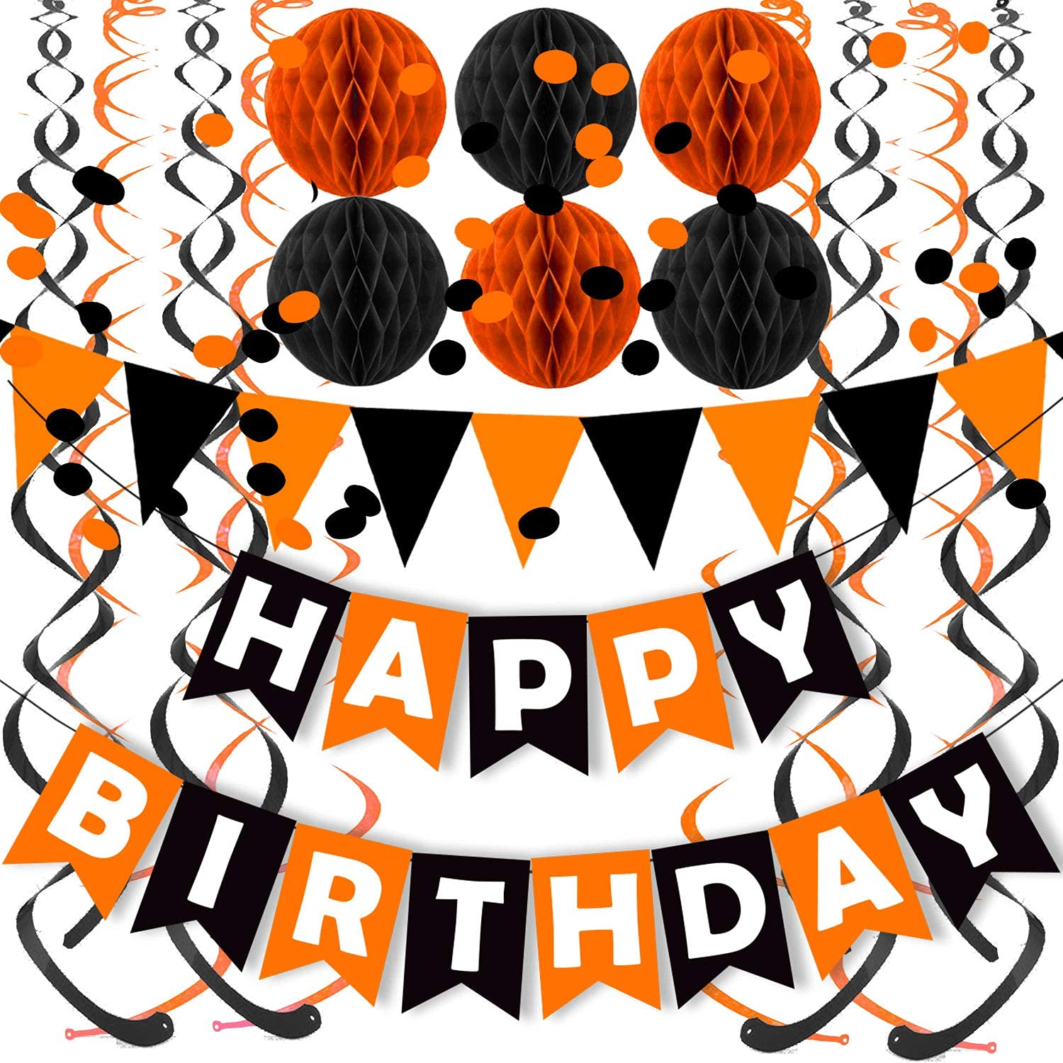 Fecedy Black Orange Happy Birthday Banner Paper Triangle Flag Bunting Circle Confetti Dots Hanging Garland And Honeycomb Ball Sw