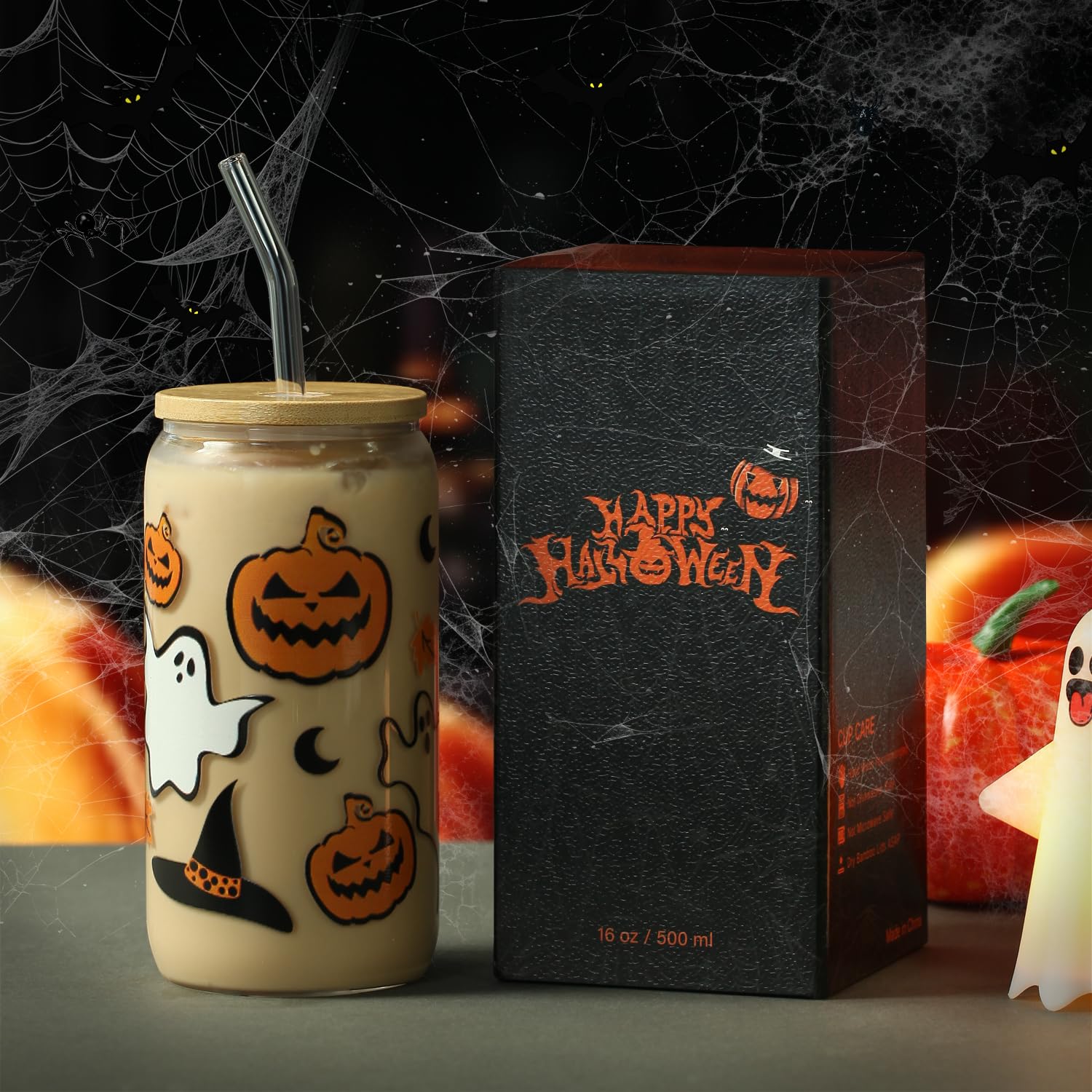 Halloween Pumpkin Ghost Glass Cup with Lids and Straws, 16 oz Glass Tumbler, Spooky Iced Coffee Mug for Smoothie, Cute Halloween