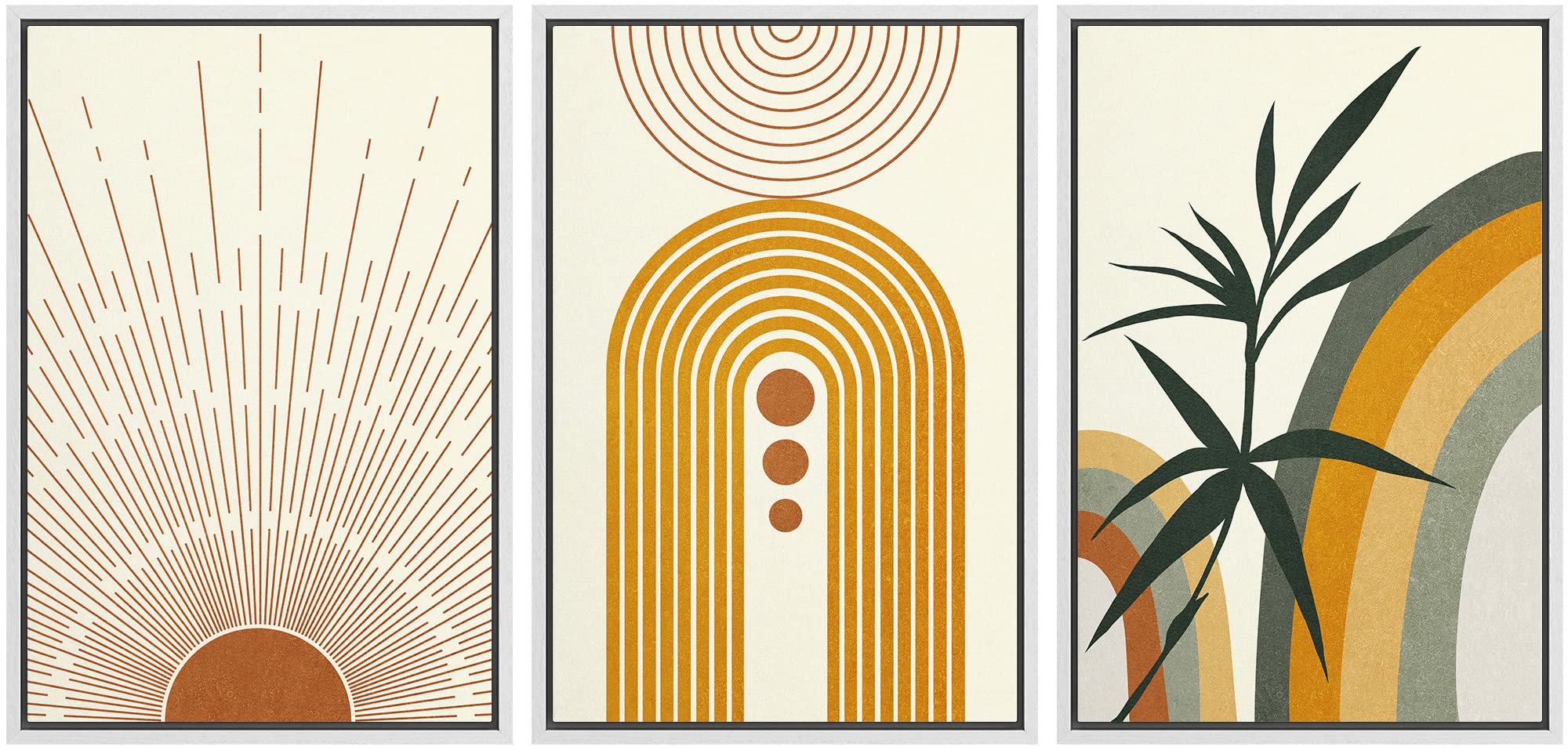 Idea4Wall Framed Canvas Print Wall Art Set Mid-Century Geometric Sun Forest Plant Abstract Nature Illustrations Modern Art Nordi
