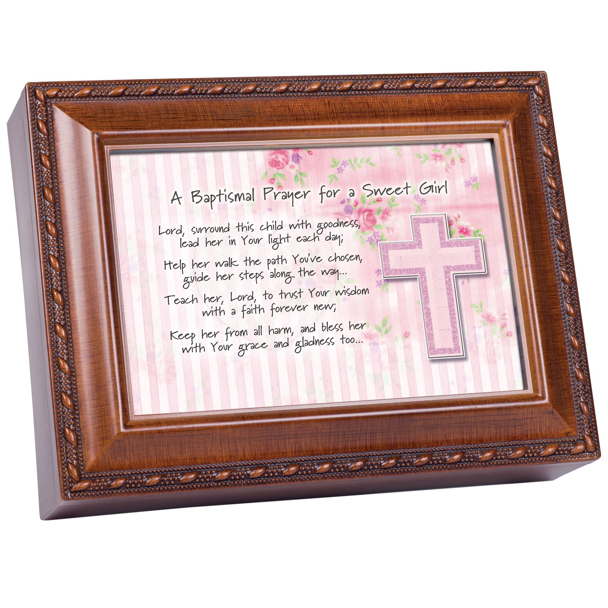 Cottage Garden Baptismal Prayer Lead Her Woodgrain Rope Trim Jewelry Music Box Plays Jesus Loves Me