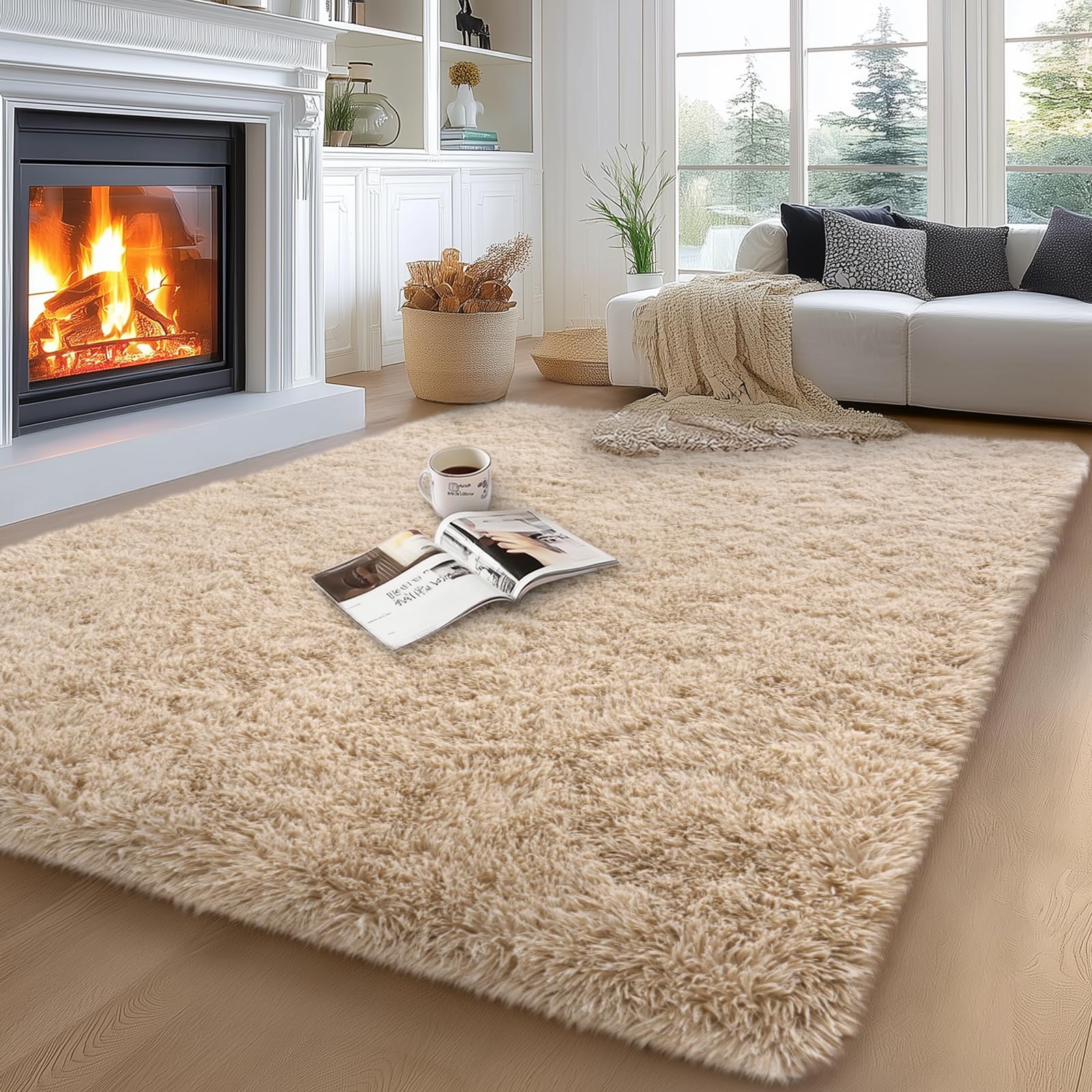 qulint 5x7 Area Rugs for Living Room, Fluffy Shaggy Rug for Bedroom Modern Plush Tan Rug, Soft Shag Fuzzy Carpets Solid Alfombra
