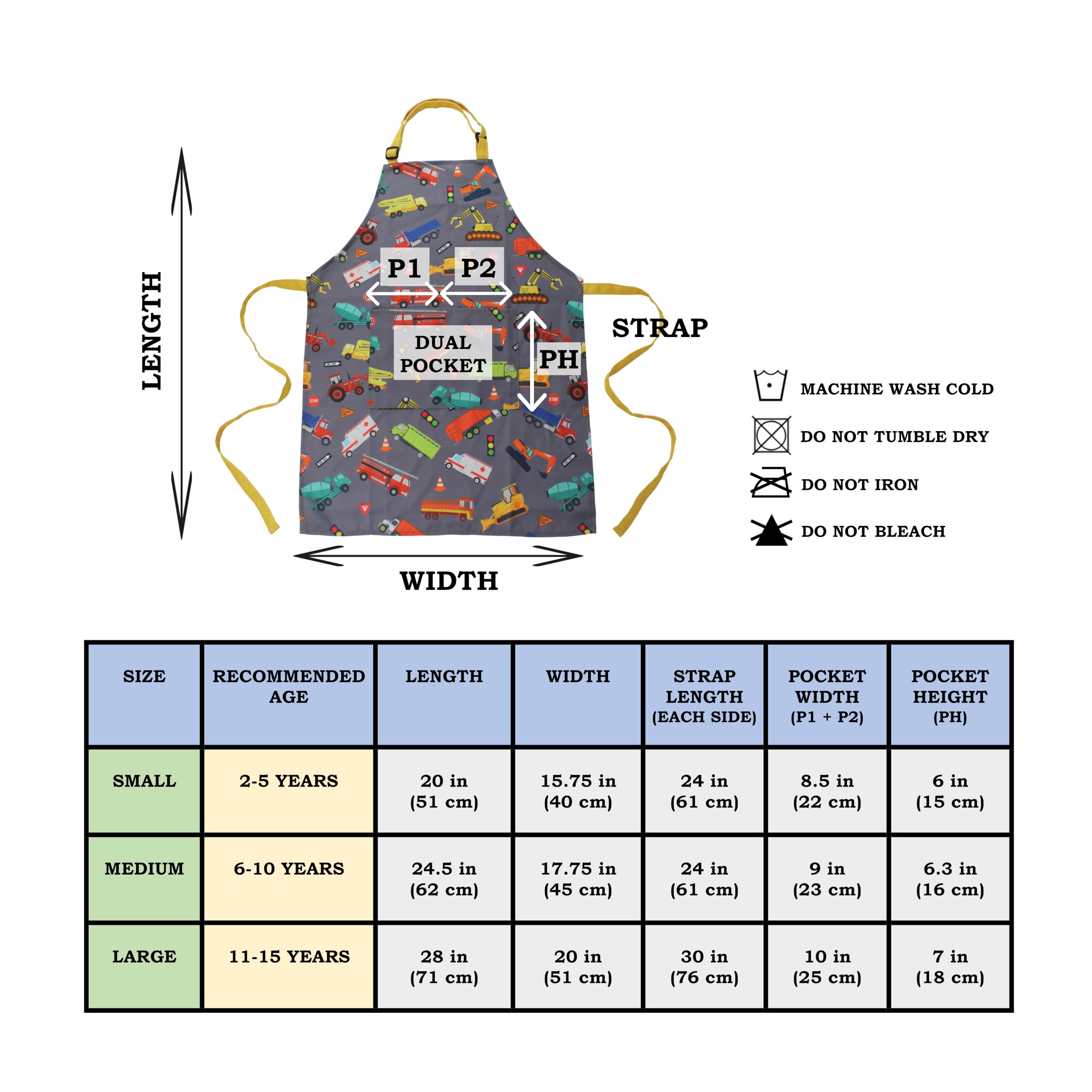 Dashn Products Kids Apron - Truck - Dual Pockets - Chef Kitchen Cooking Garden Artist Painting Cleaning Baking Pottery Gift Boys