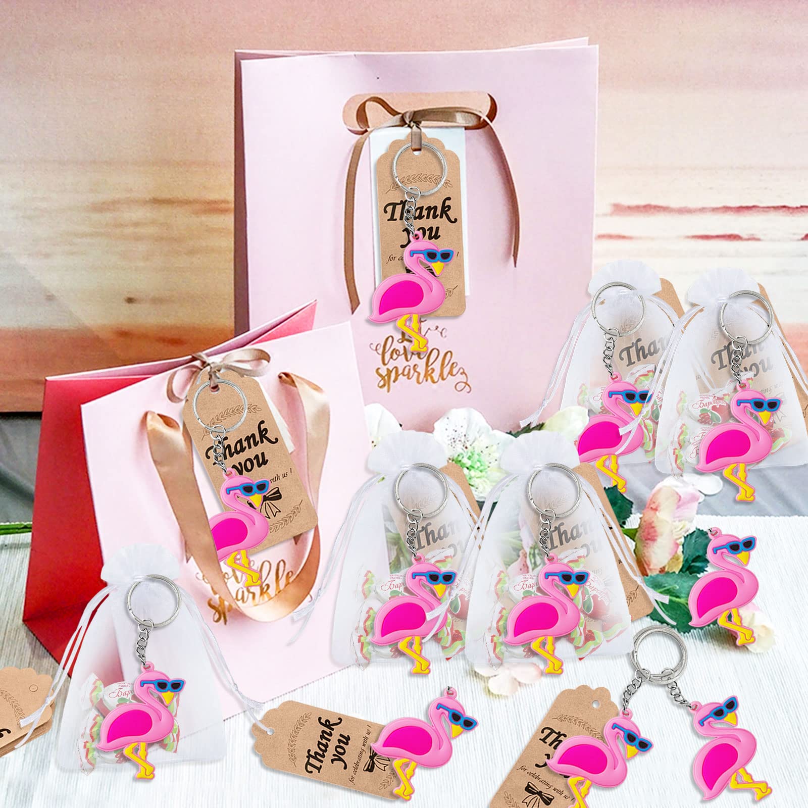 Elecrainbow 60 Pack Flamingo Party Favors Include 20 Keyrings, 20 Tags And 20 Bags For Hawaiian Tropical Luau Summer Beach Party