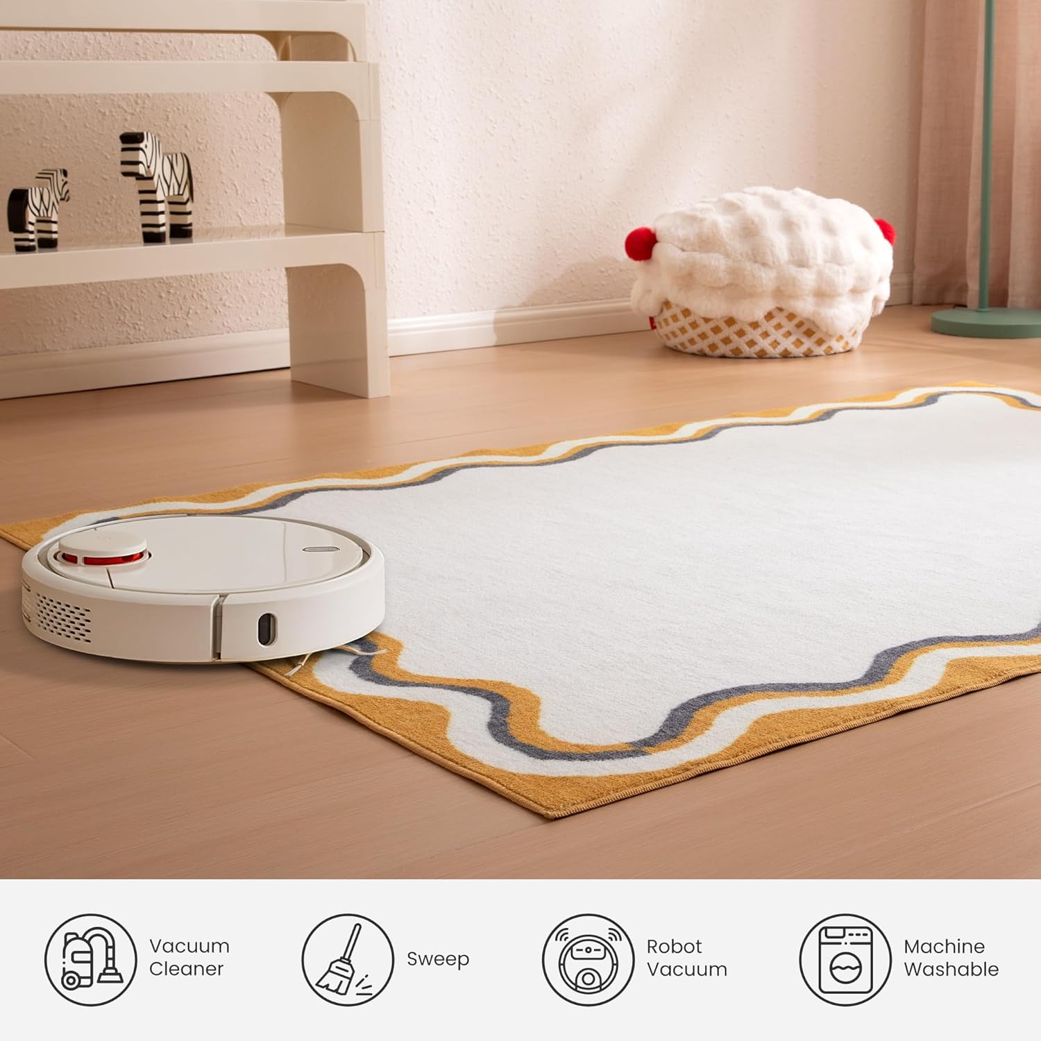 Machine Washable Non Slip Kids Rugs for Living Room & Bedroom - Beige Yellow