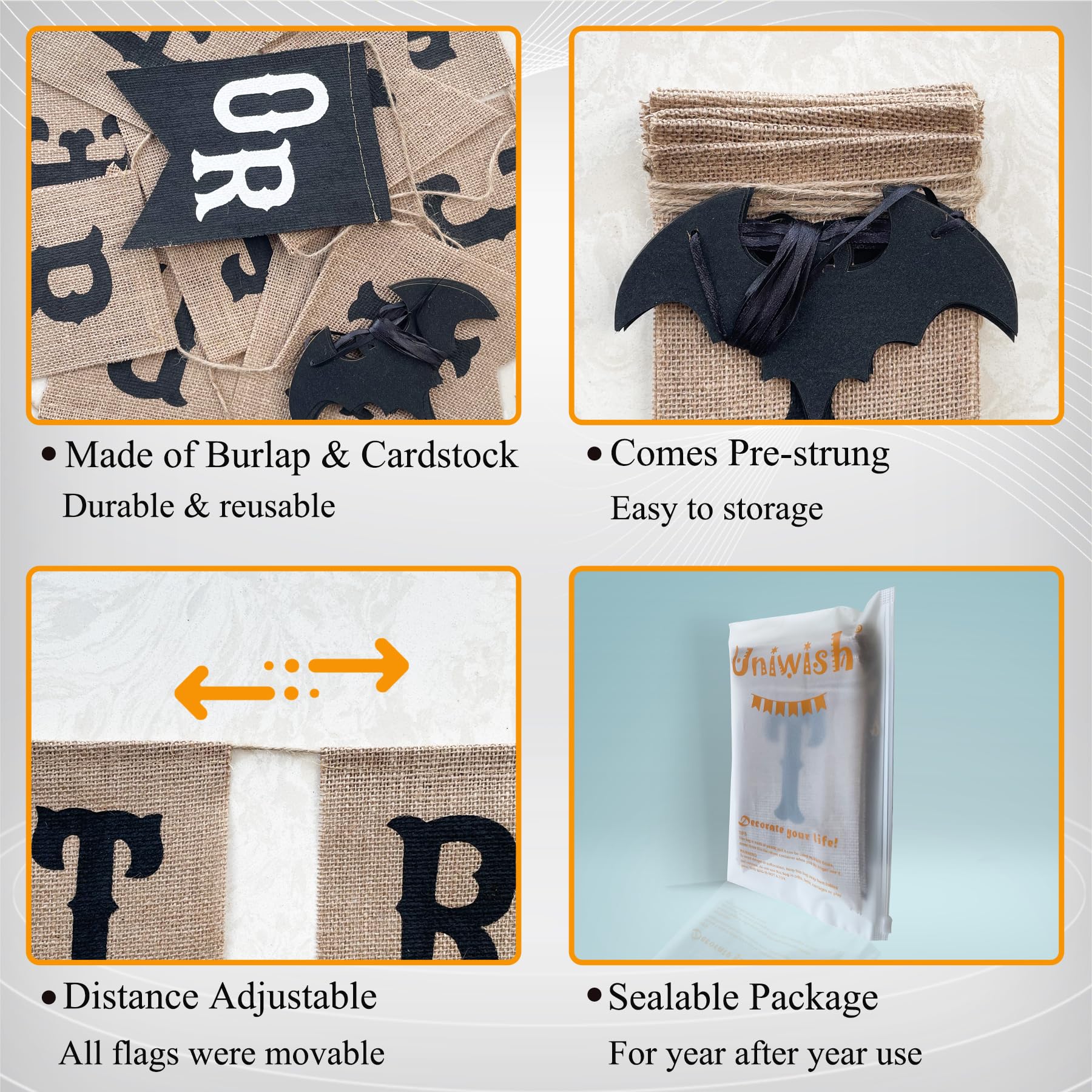 Uniwish Trick or Treat Burlap Banner Halloween Decorations for Mantel Fireplace Glitter Bat Garland Bunting Home Wall Decor Hall