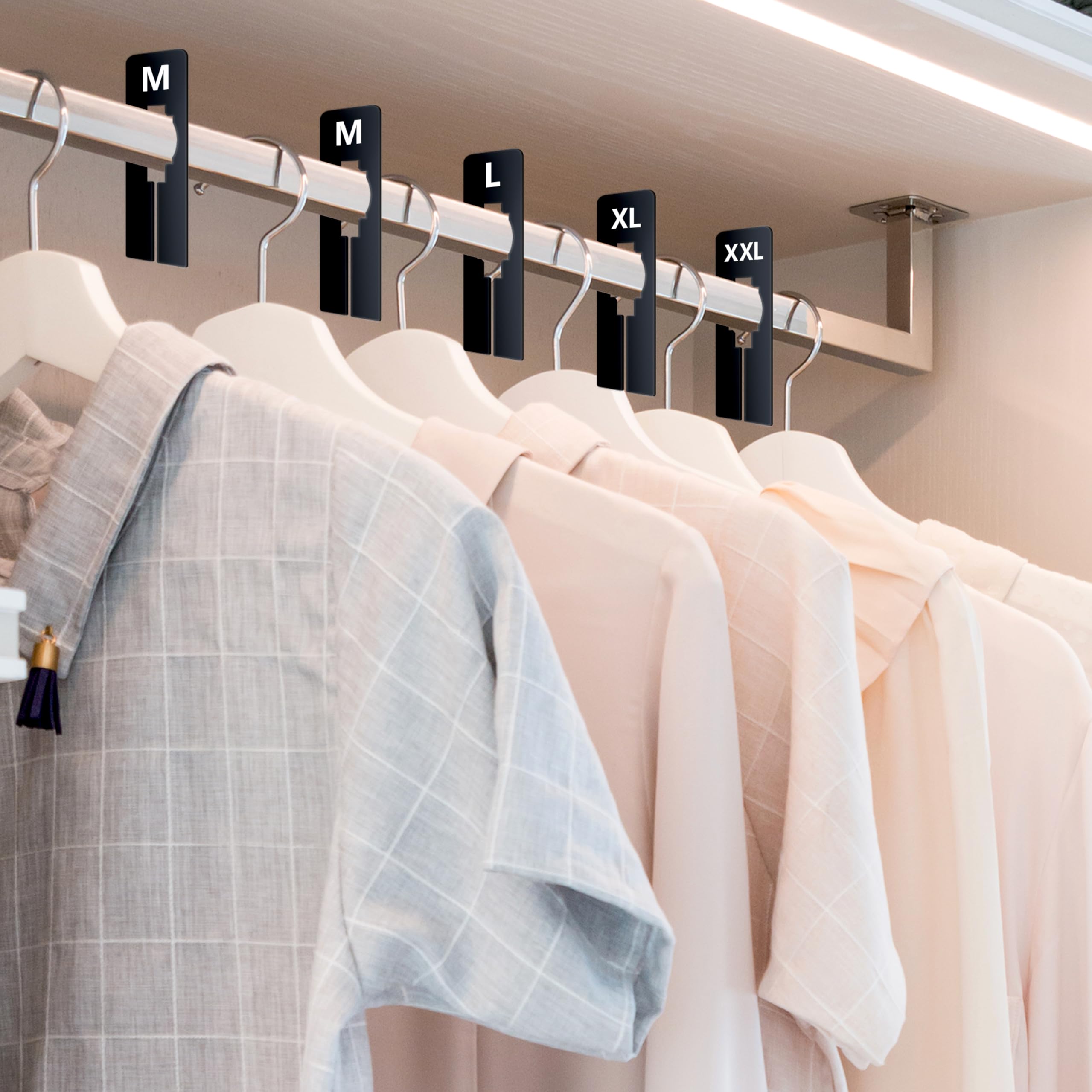 40 Pack Rectangular Black Plastic Clothing Size Closet Rack Dividers Hangers, Preprinted In 8 Sizes Xxs, Xs, S, M, L, Xl, Xxl, X