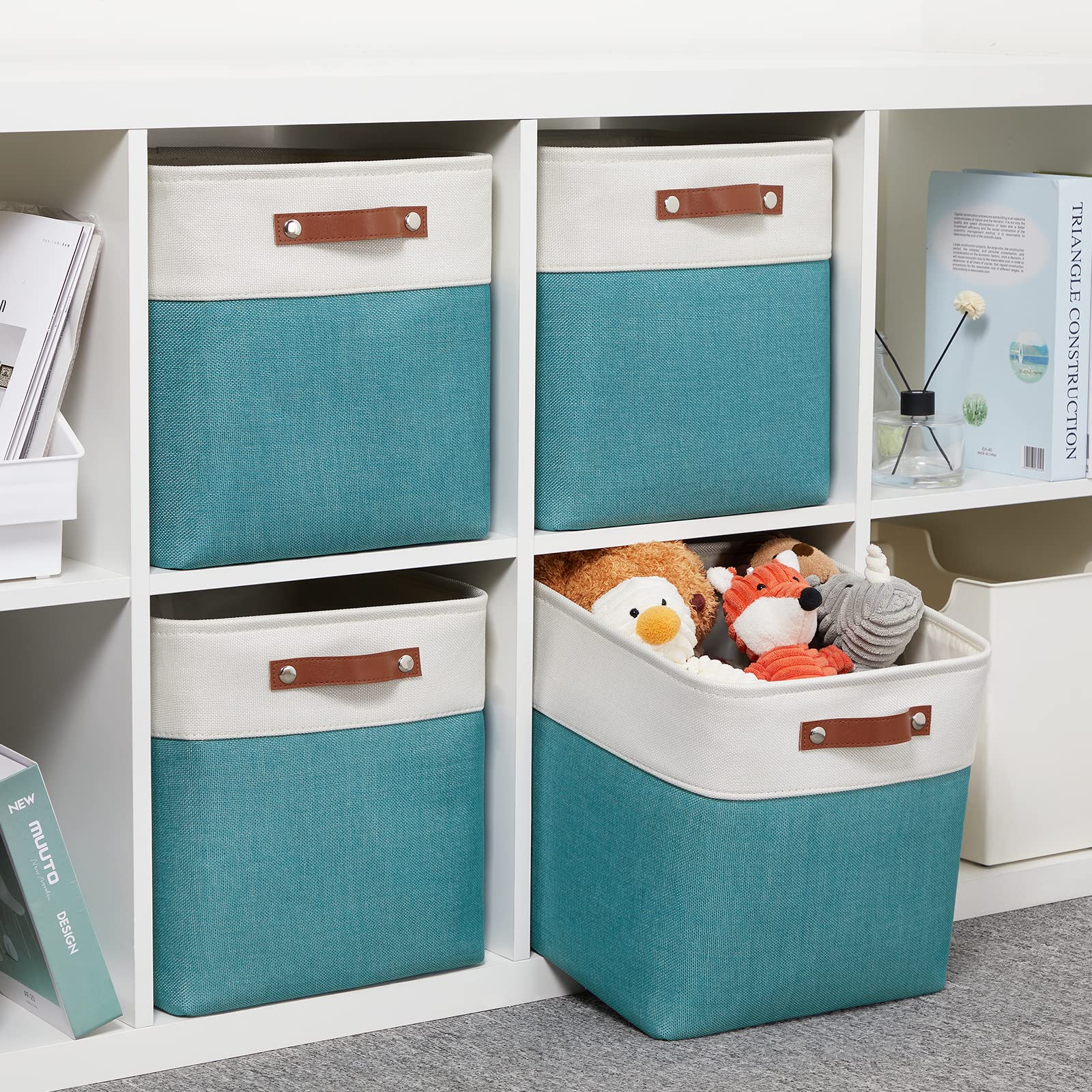 DULLEMELO Square Storage Cubes Baskets for Gifts Empty  12 inch Cube Stroage Bins Linen Closet Organizers and Storage Baskets for Toy Nursery Shelves Bedroom Storage(4 Pack - 12 '' White&Teal)