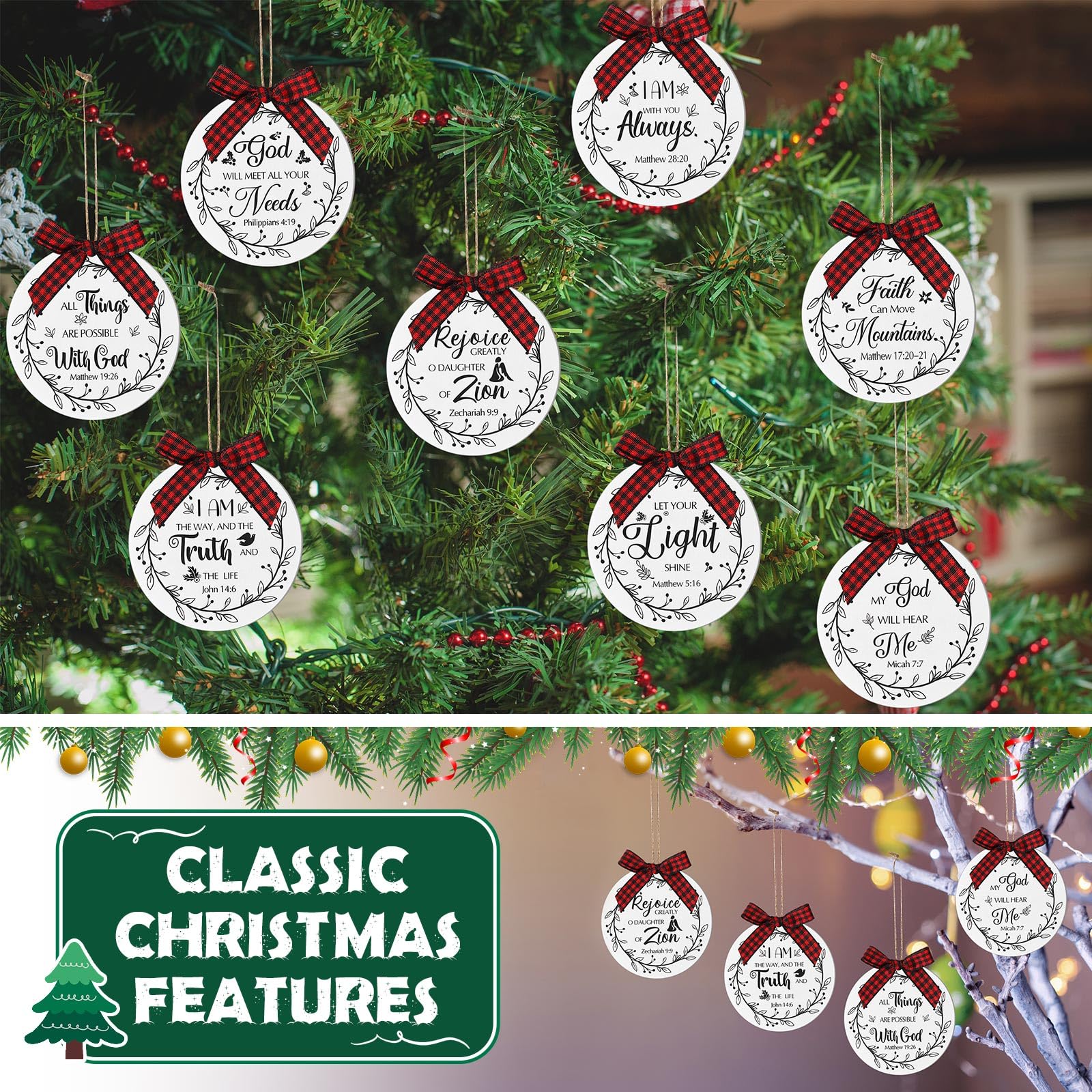 Soaoo 60 Pcs Bible Verses Ornaments Wooden Hanging Sign with Buffalo Plaid Bow and Ropes for Xmas Tree Religious Christian Gifts