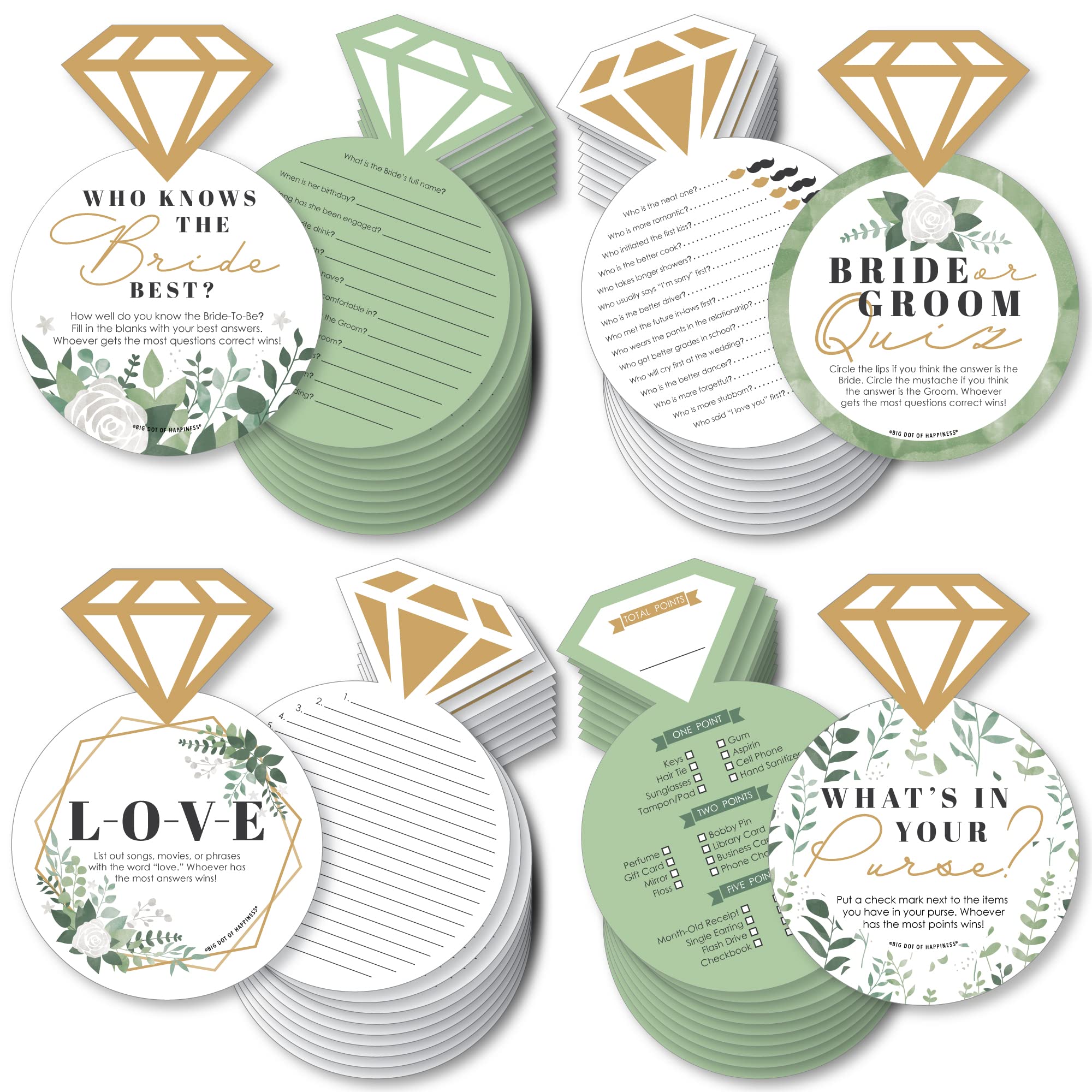 Big Dot Of Happiness Boho Botanical Bride - 4 Greenery Bridal Shower Games - 10 Cards Each - Gamerific Bundle