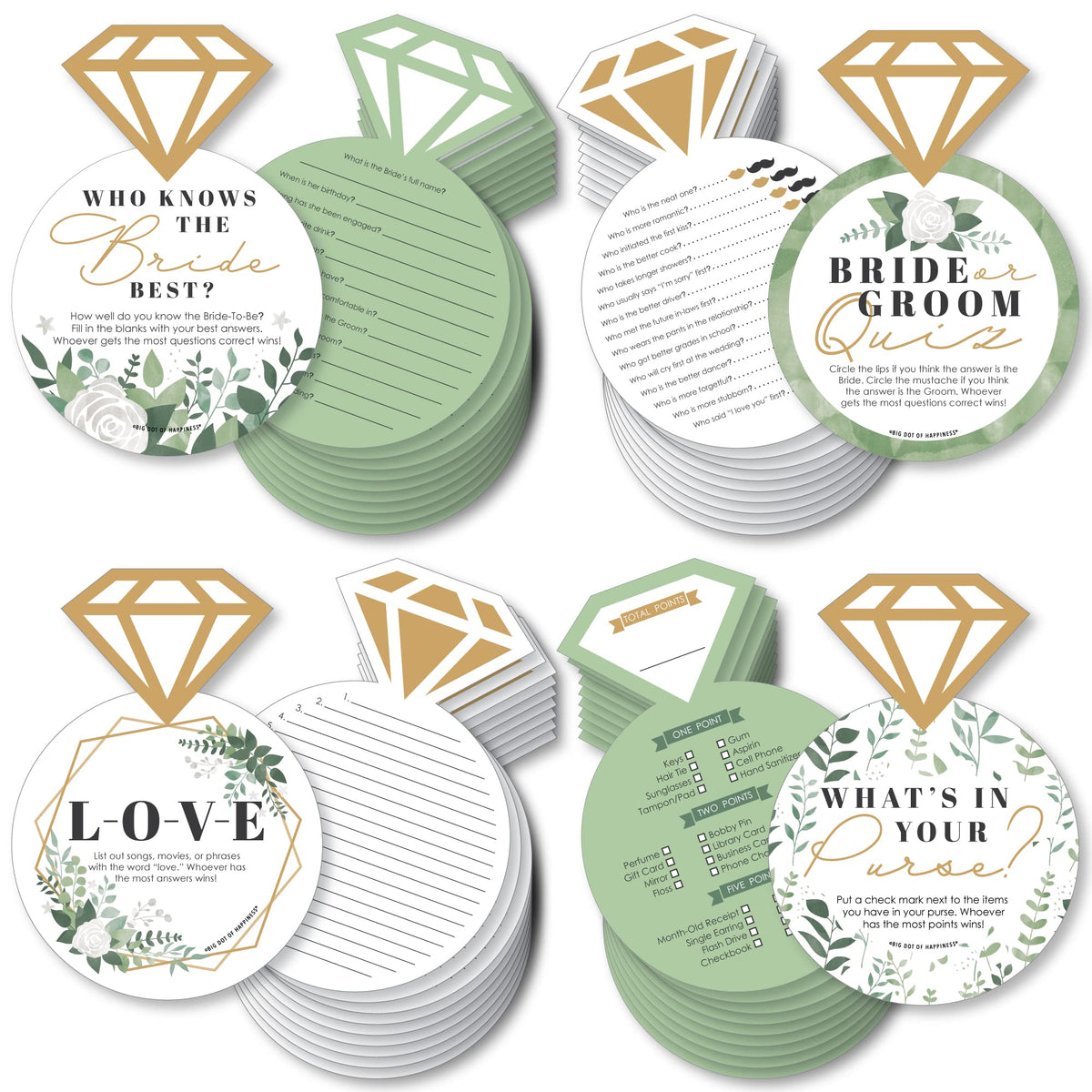 Big Dot Of Happiness Boho Botanical Bride - 4 Greenery Bridal Shower Games - 10 Cards Each - Gamerific Bundle