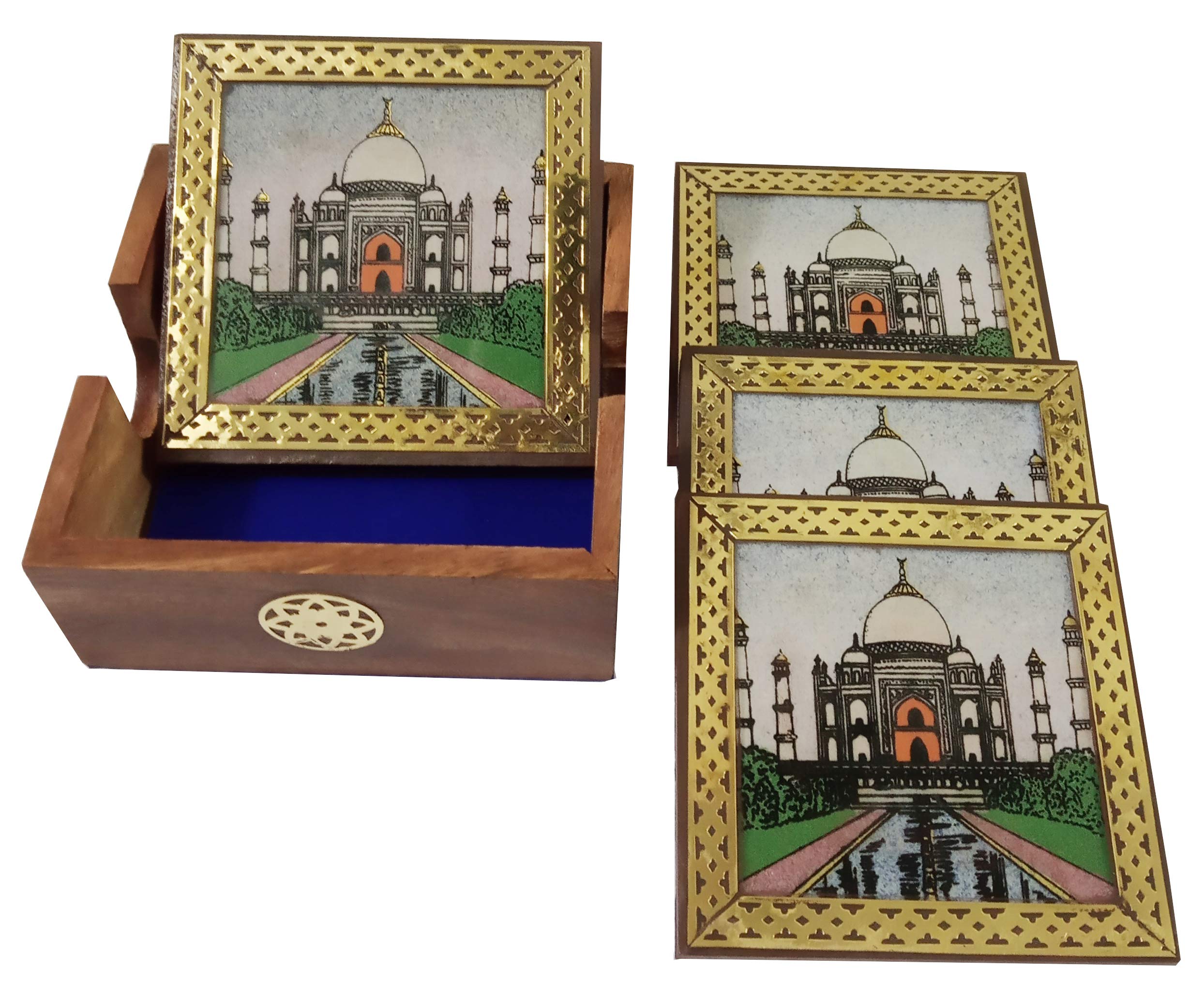 Purpledip Pinewood Gemstone Coasters (Set Of 6): Taj Mahal (10716A)