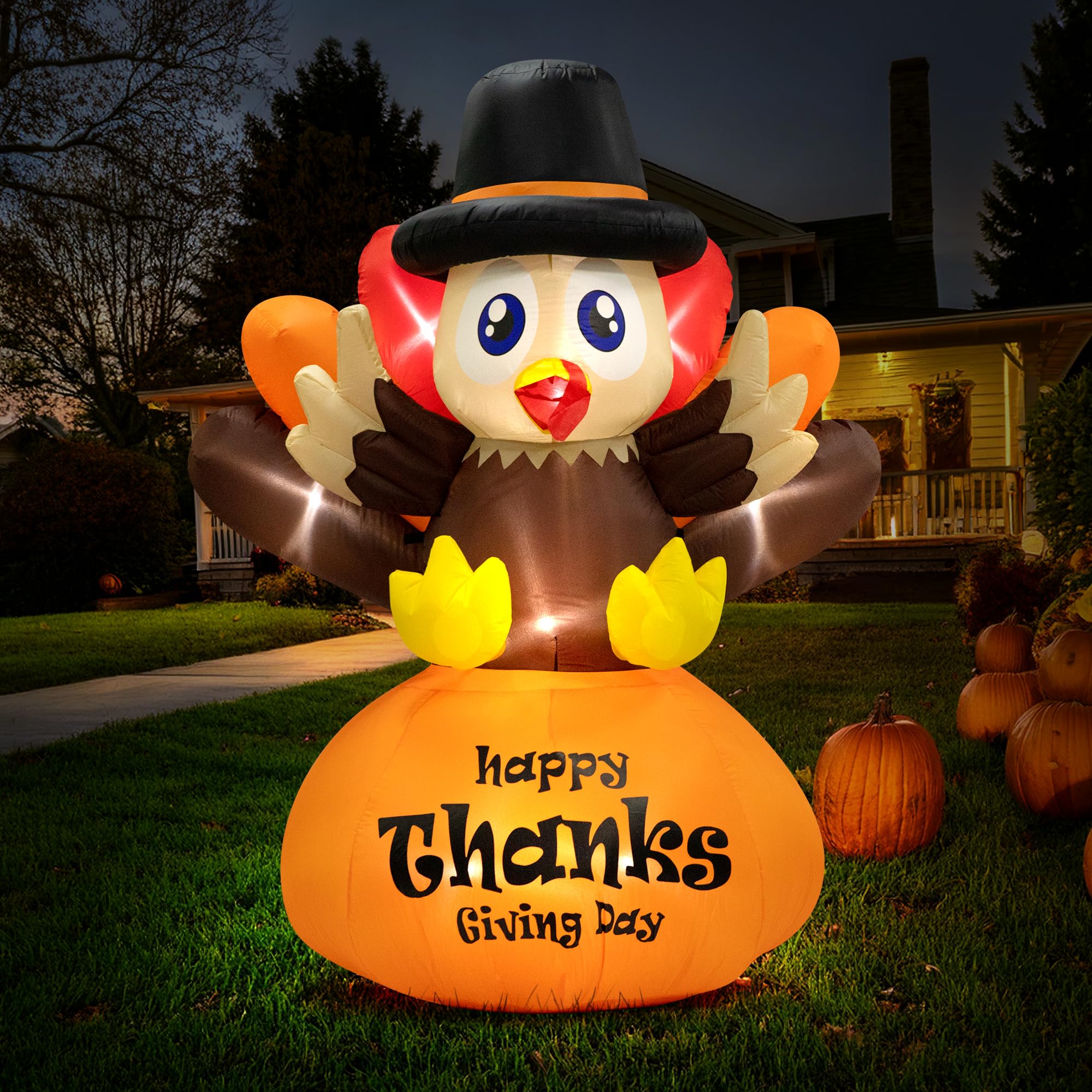 VIVOHOME 6ft Height Thanksgiving Inflatable LED Lighted Turkey on Pumpkin Blow up Outdoor Lawn Yard Decoration