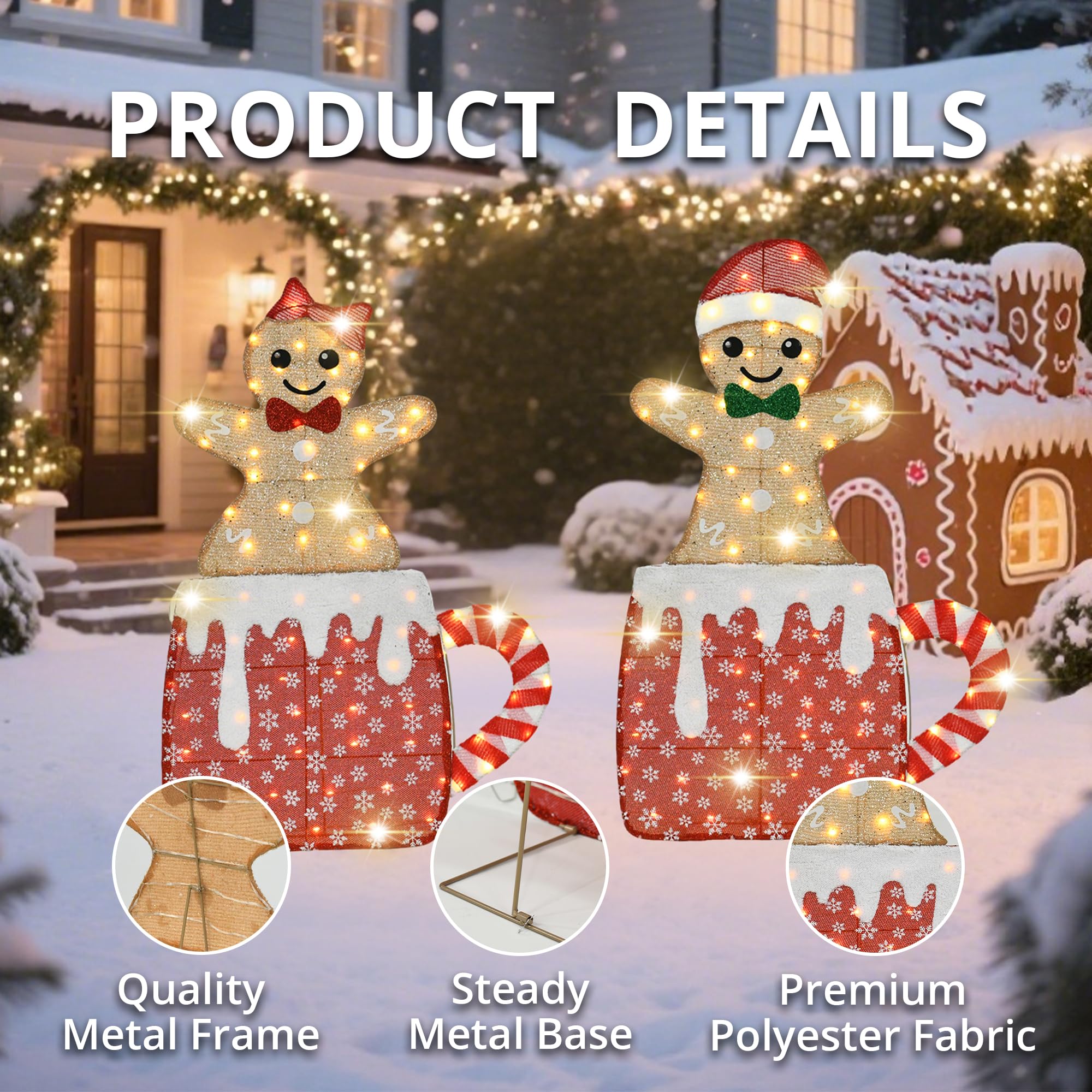 VELTENOVAIRE 42 H Lighted Gingerbread Outdoor Christmas Decorations, Pre-lit Gingerbread Boy & Girl in Hot Cocoa Mug Ornament, 2