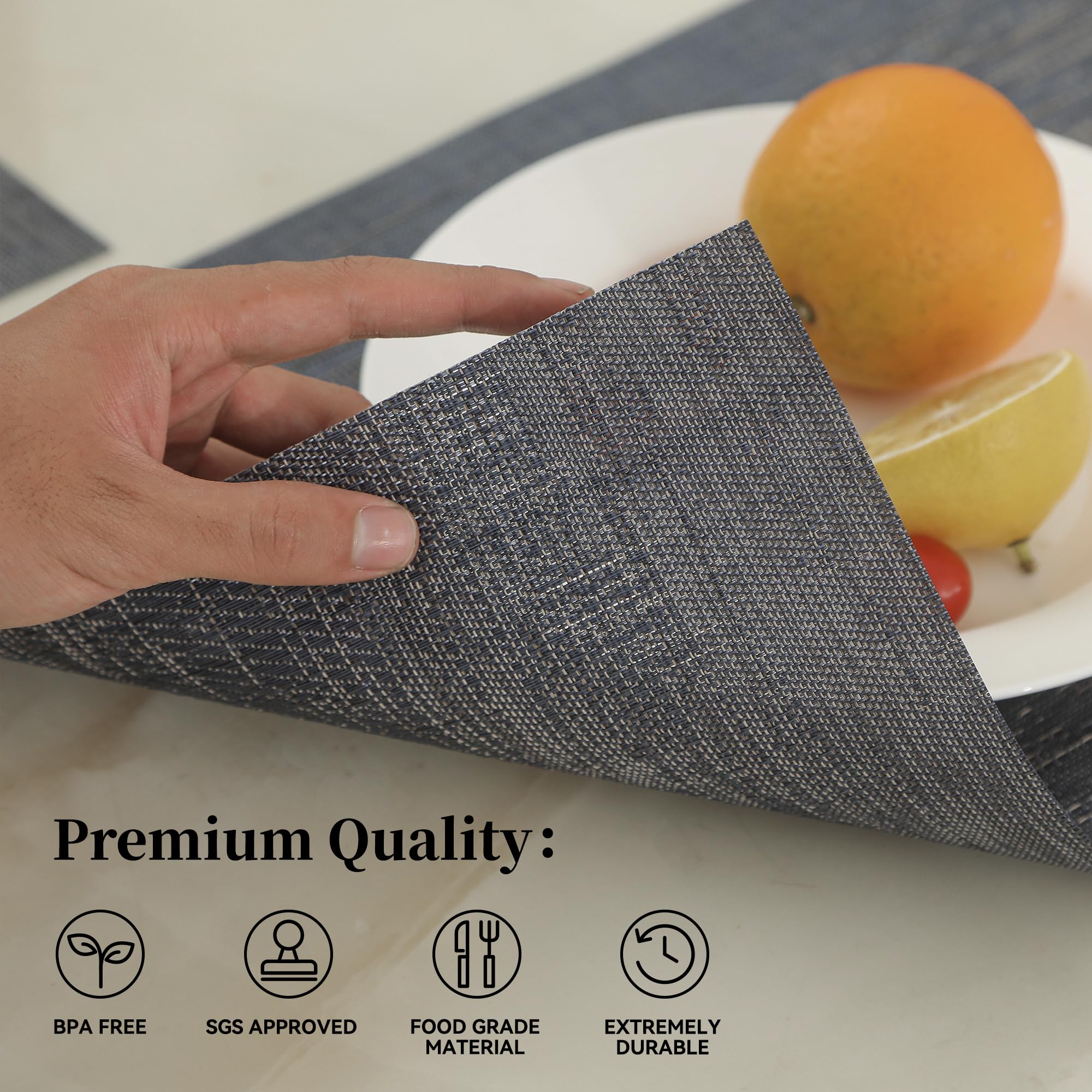 Leetaltree Denim Blue Placemats Set Of 6 - Heat Resistant Non-Slip Place Mats For Dining Table, Washable Durable Pvc Vinyl Woven