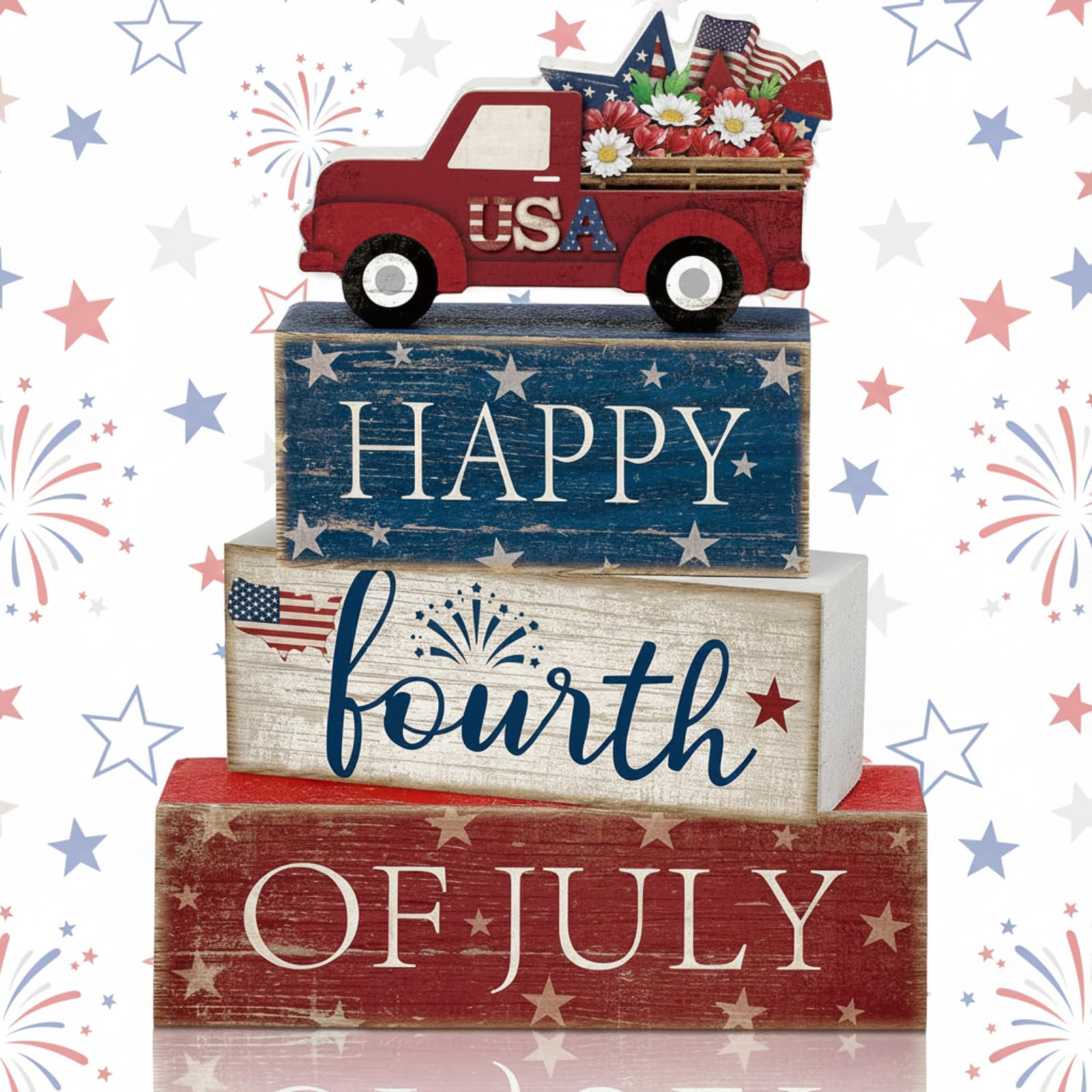 CroBlissful 4 Pcs 4th of July Patriotic Table Decor 250th Anniversary Memorial Day Tabletop Decoration Wooden Truck Sign Red Whi
