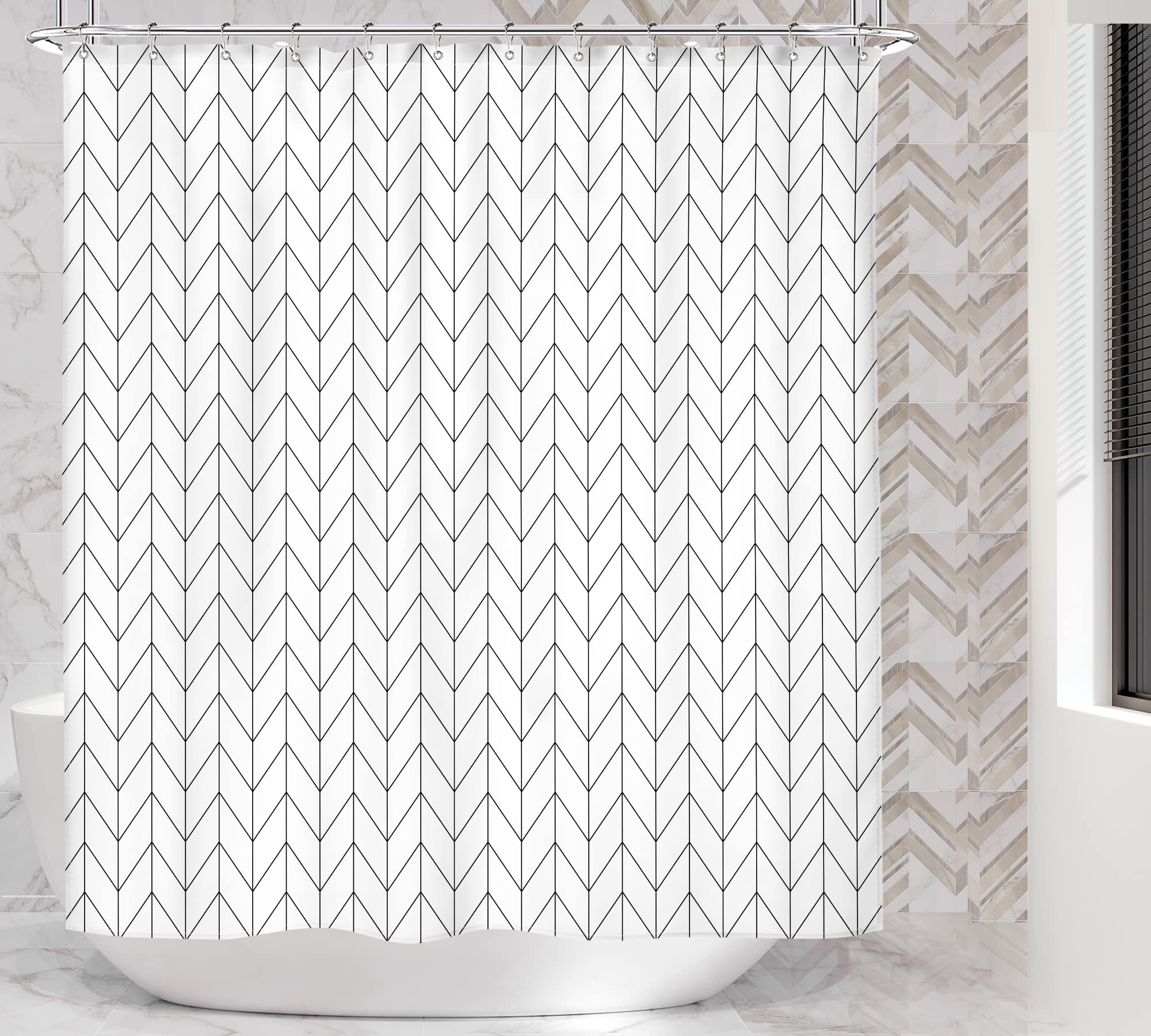 Riyidecor Stall Herringbone Chevron Shower Curtain Black White 72x72 Inch Geometric Striped Simple Modern Classy Neutral Contemporary 12 Pack Hooks Decor Fabric Bathroom Set Polyester Waterproof