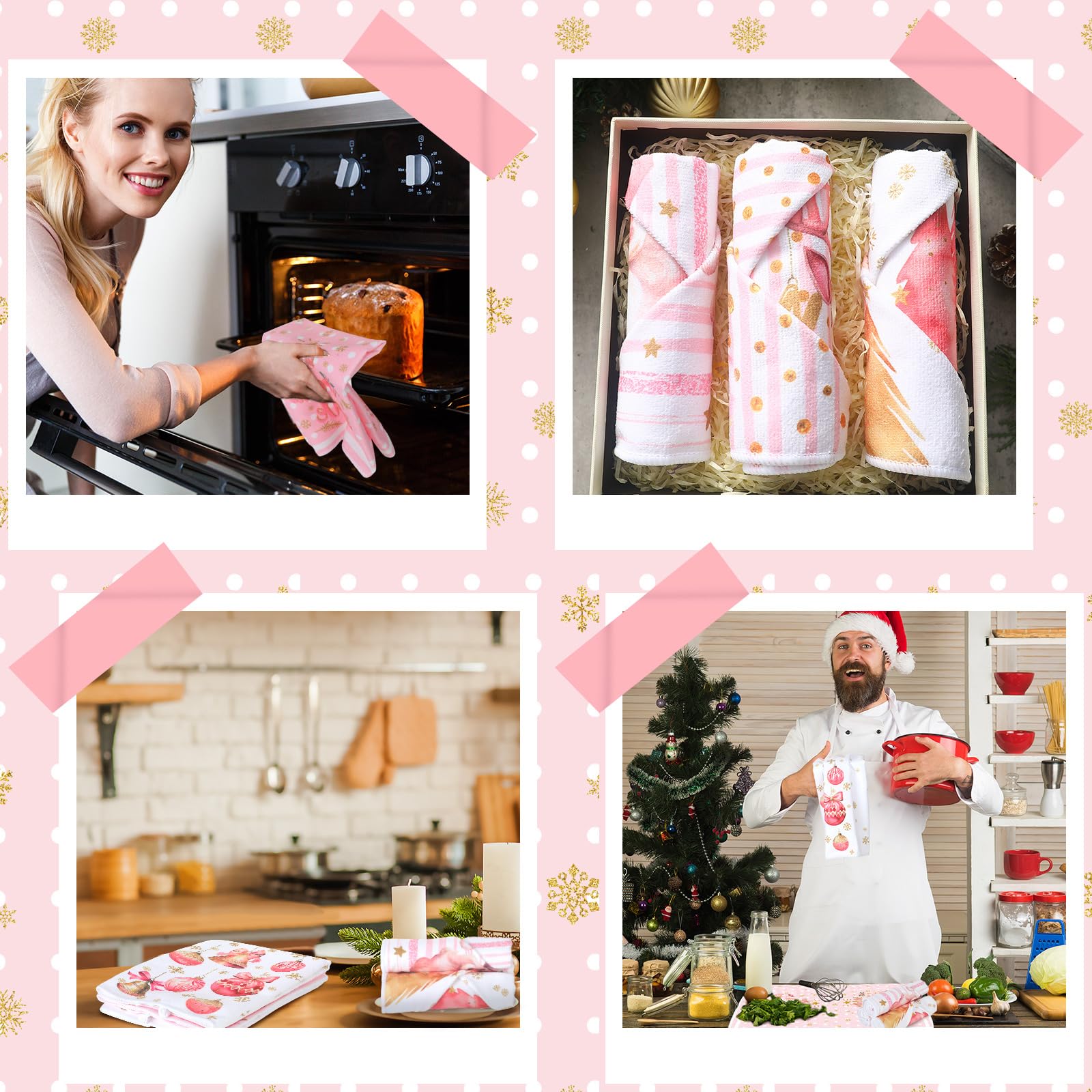 Hosuly 6 Pcs Christmas Kitchen Towels Pink White Gold Dish Clothes Decorative Christmas Tea Towels Santa Elk Sleigh Rides Noel X