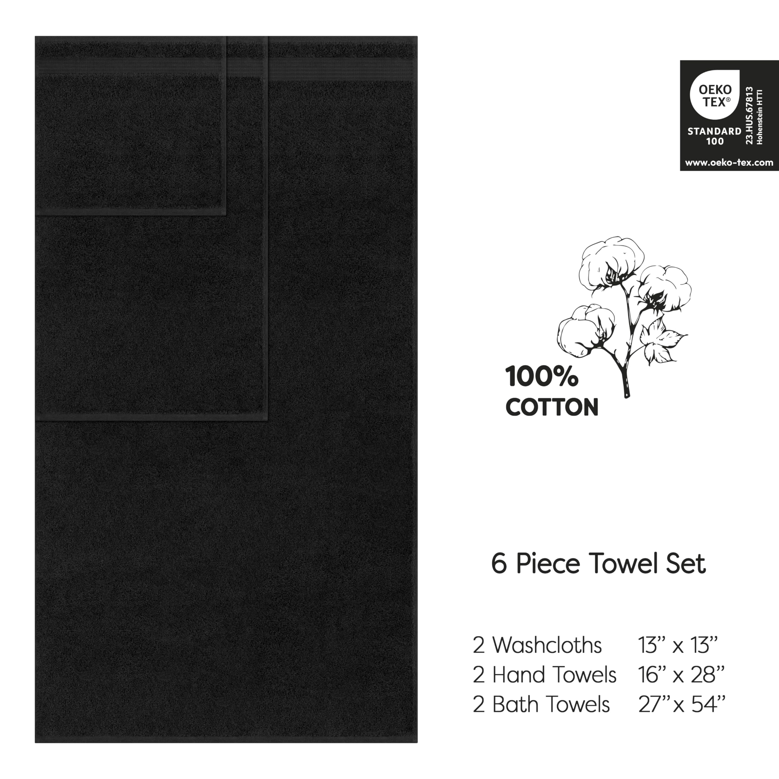 Cotton Paradise Black 6 Piece Towel Set, 100% Cotton Turkish Towels For Bathroom, 2 Bath Towels 2 Hand Towels 2 Washcloths Soft