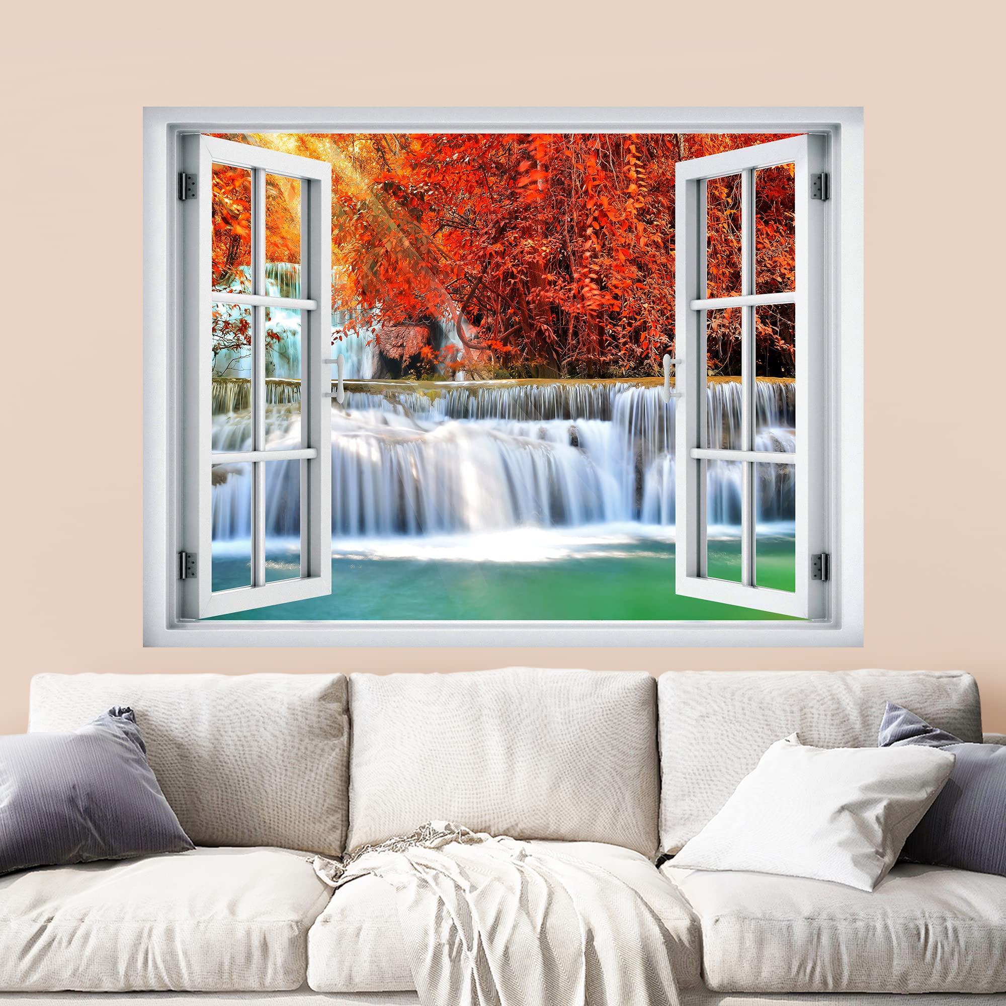 wall26 Removable Wall Sticker/Wall Mural Window View Vibrant Neon Autumn Orange Tree River Rapids Nature Wilderness Photography Landscape Multicolor for Living Room  Bedroom  Office - 36''x48''