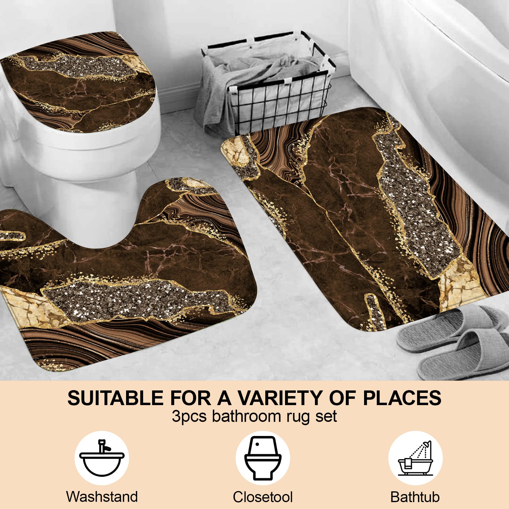 Emhome 4Pcs Marble Shower Curtain Sets, Modern Bathroom Sets With Shower Curtains, Toilet Lid Rug, Contour Mat And Bath Mat, Bat