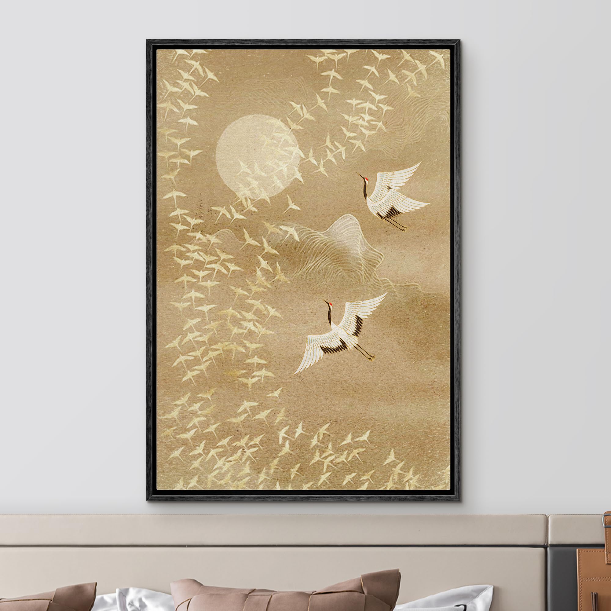 NWT Framed Canvas Print Wall Art Watercolor Crane Birds Flying Nature Wilderness Illustrations Modern Art Decorative Landscape Rustic Zen Colorful for Living Room  Bedroom  Office - 24''x36'' Black