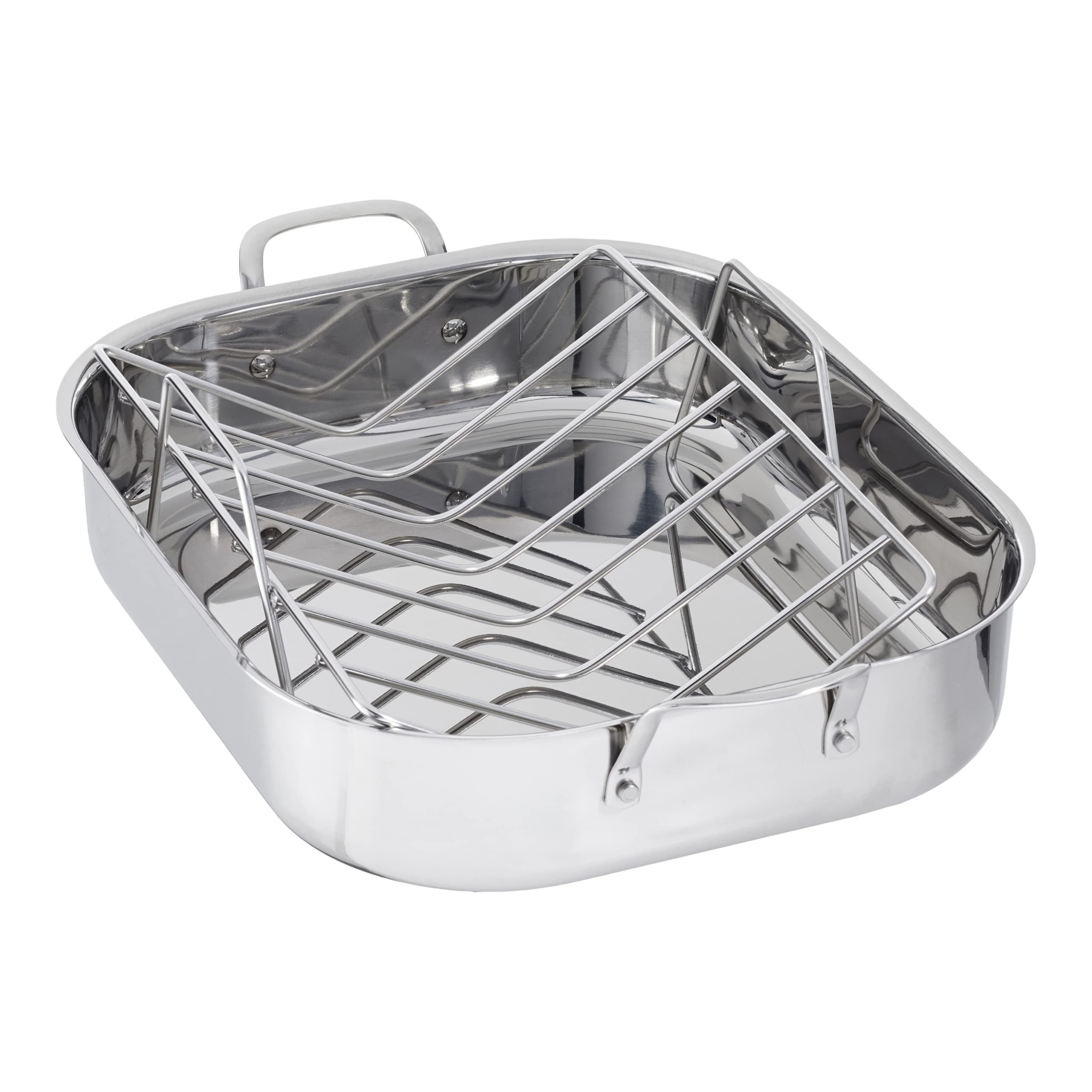 Amazon Basics Stainless Steel Rectangular Roasting Pan with Rack, Turkey Roaster, Dishwasher Safe, Easy to Clean, Oven Safe, 16 