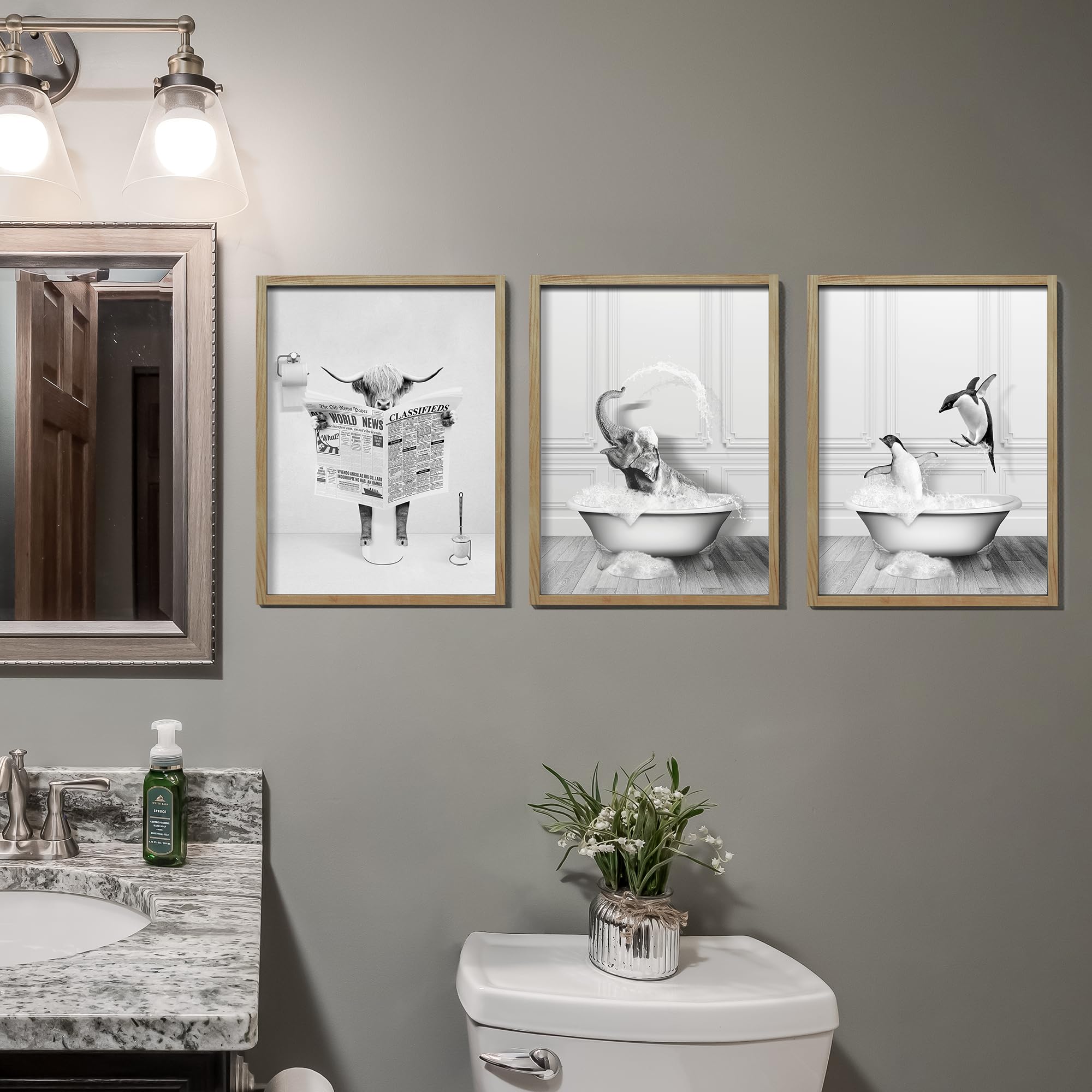 Heiple Set Of 3 Framed Bathroom Wall Art Funny Penguin, Cow & Elephant For Funny Bathroom Wall Decor Hanging Farmhouse Home Bath