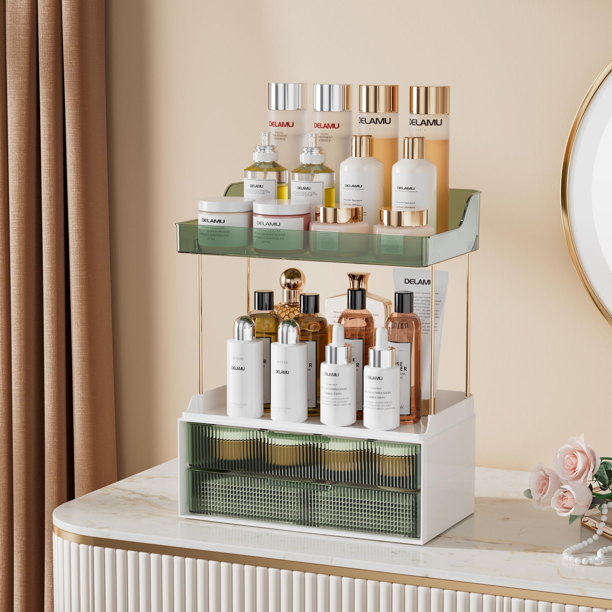 Delamu 2-Tier 2-Drawer Bathroom Organizer Countertop, Multi-Purpose Makeup Organizer Countertop, Large Skincare Organizers, Exqu