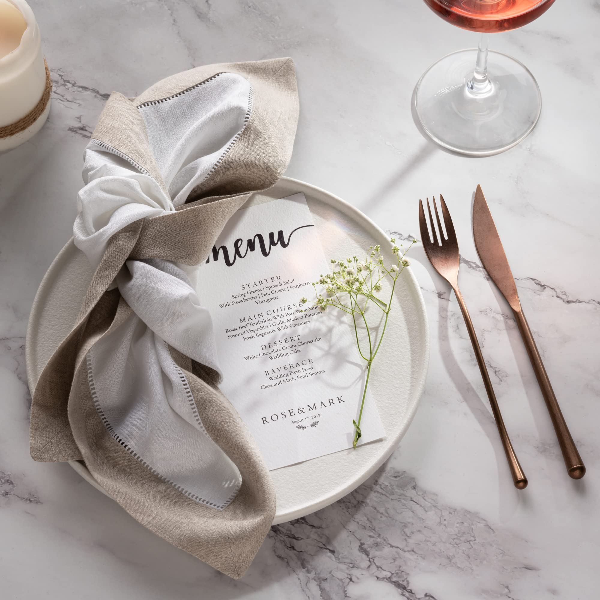 Linen Napkins 20 X 20 Inch - 100% Pure Linen White And Natural Dinner Napkins Set Of 4 - Hemstitch Napkins Cloth Washable For Ch