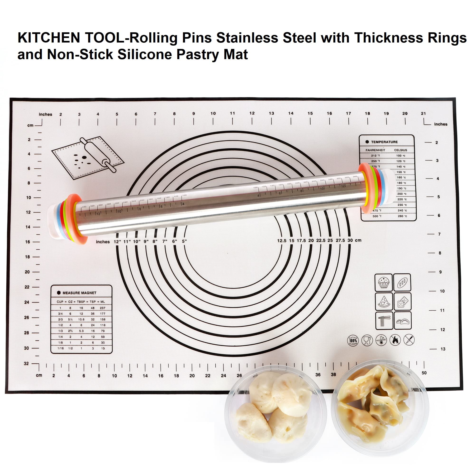BIDFUL Adjustable Rolling Pin - Stainless Steel with Thickness Rings, 17in, Black, Includes Nonstick Silicone Pastry Mat for Baking Supplies